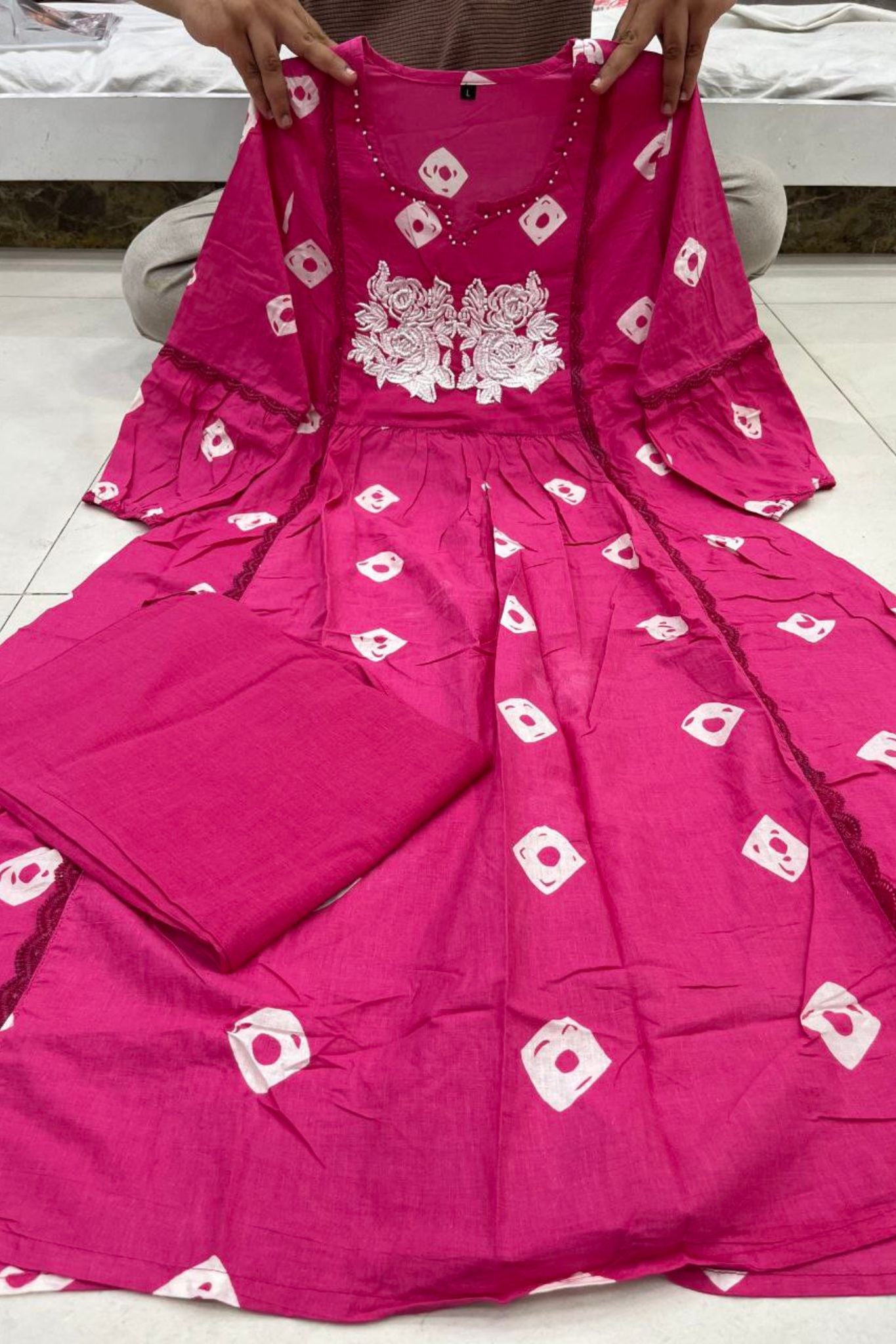 Rani Pink Color Cotton Kurta Pant Set with Handwork Embroidery