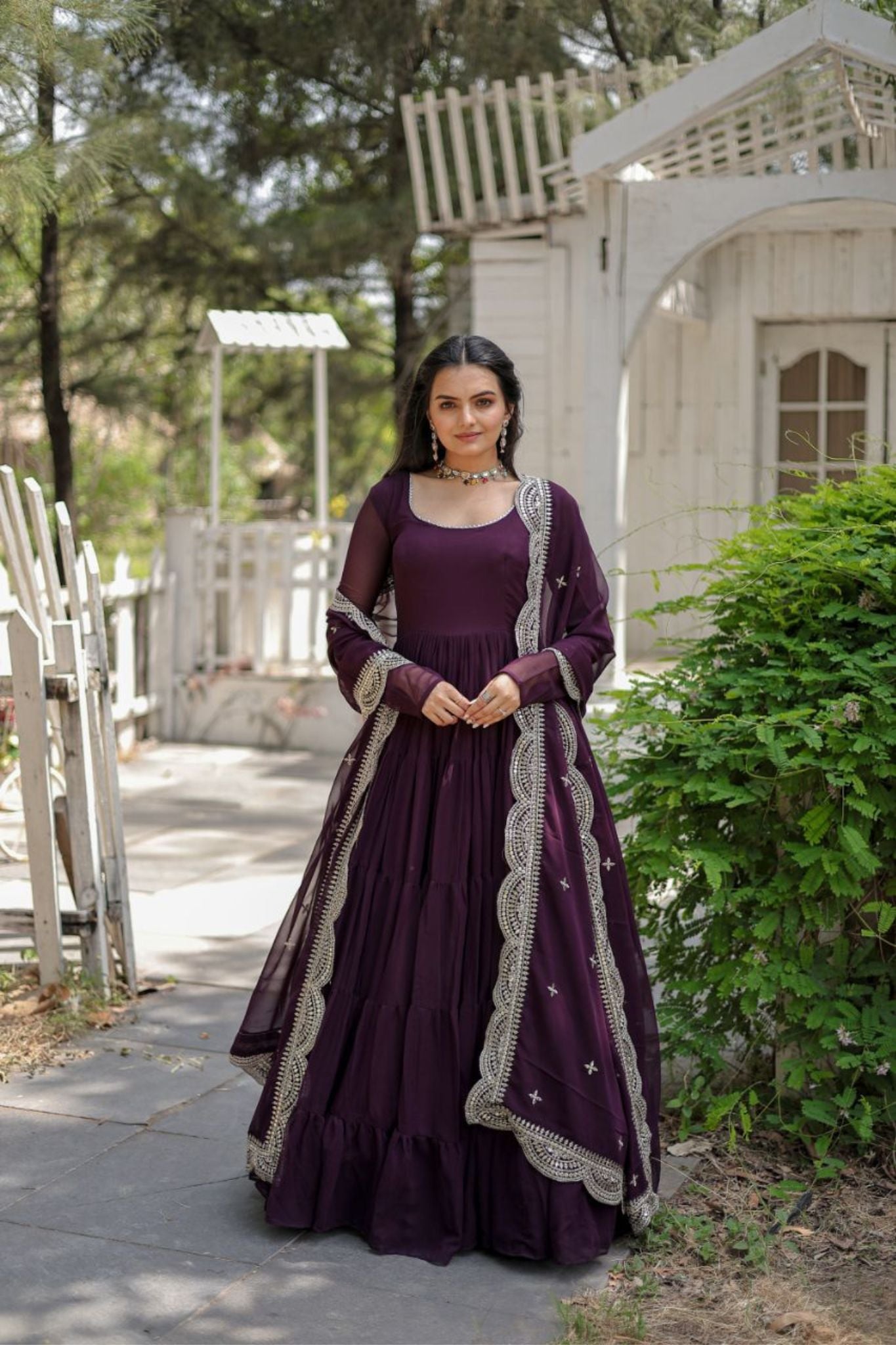 Stylish Tiered Women Anarkali Gown With Dupatta Set