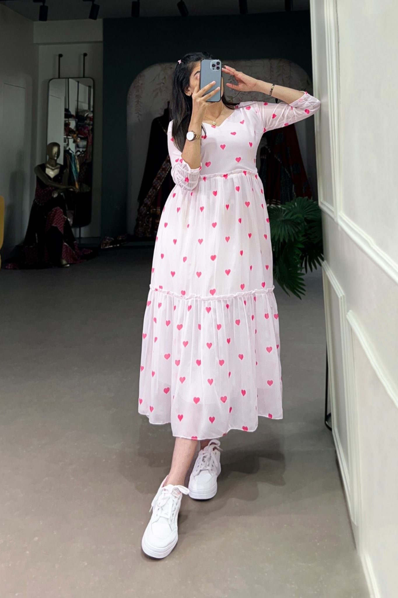 White Dress with Pink Heart Prints Casual V-Neck Tiered Long Dress