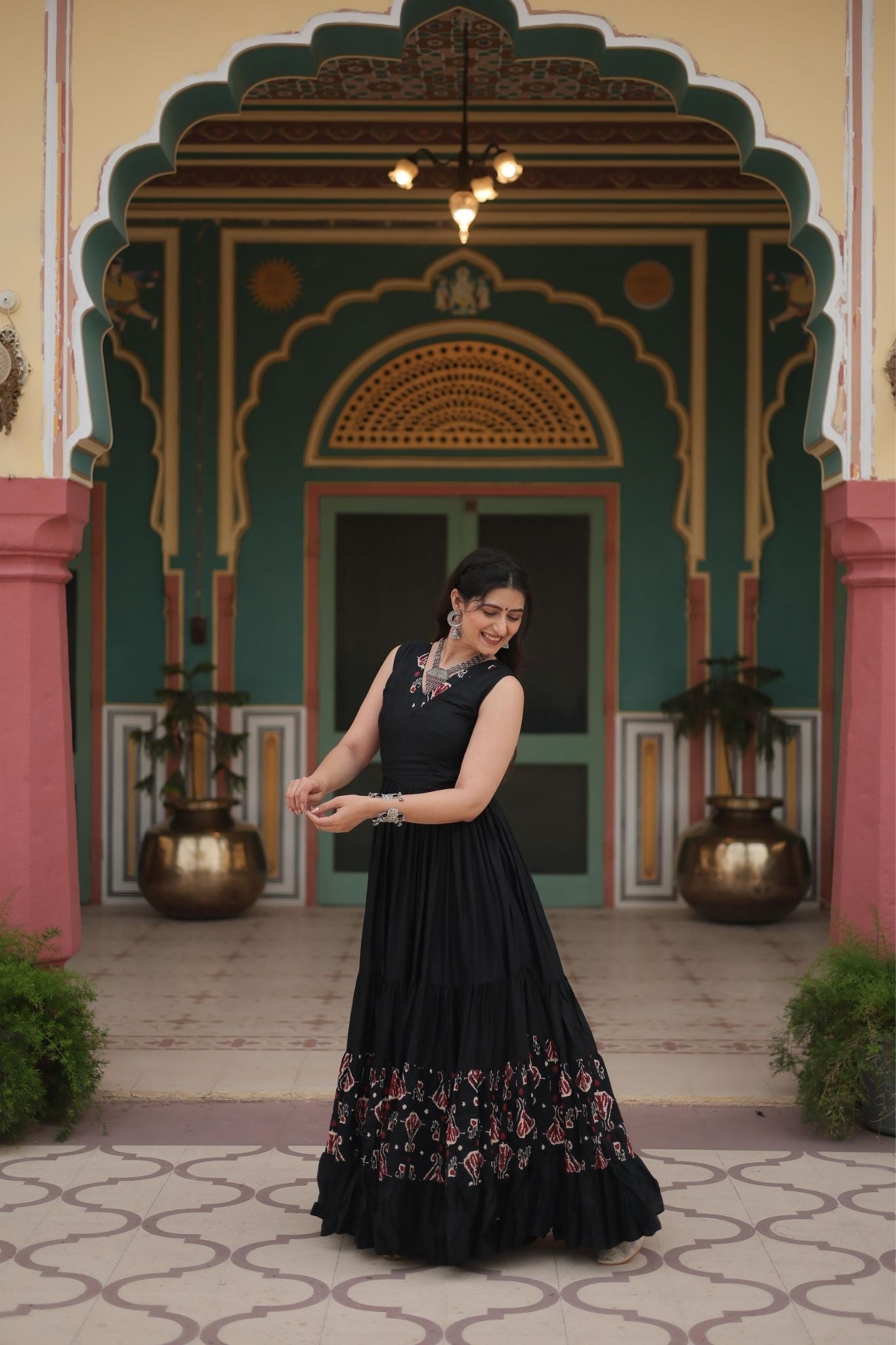 Elegant Maroon & Black Printed Rayon Fabric with Frill and Neck Detail