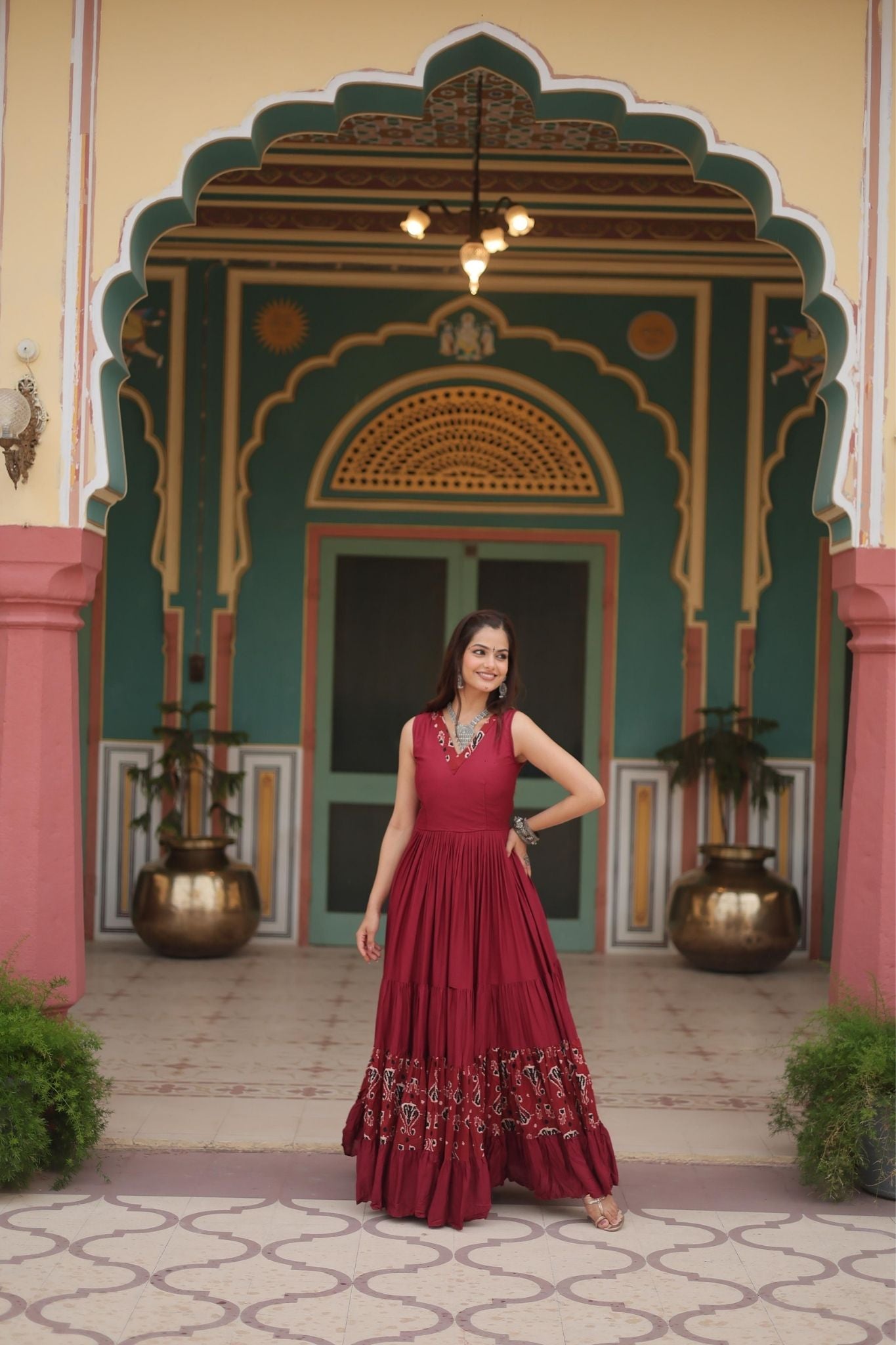 Elegant Maroon & Black Printed Rayon Fabric with Frill and Neck Detail