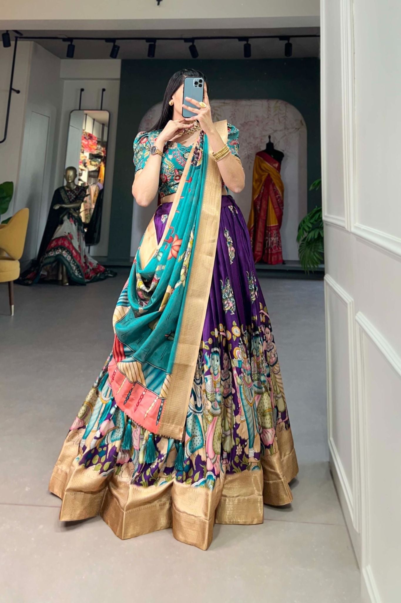 Kalamkari Printed Dola Silk Lehenga Choli