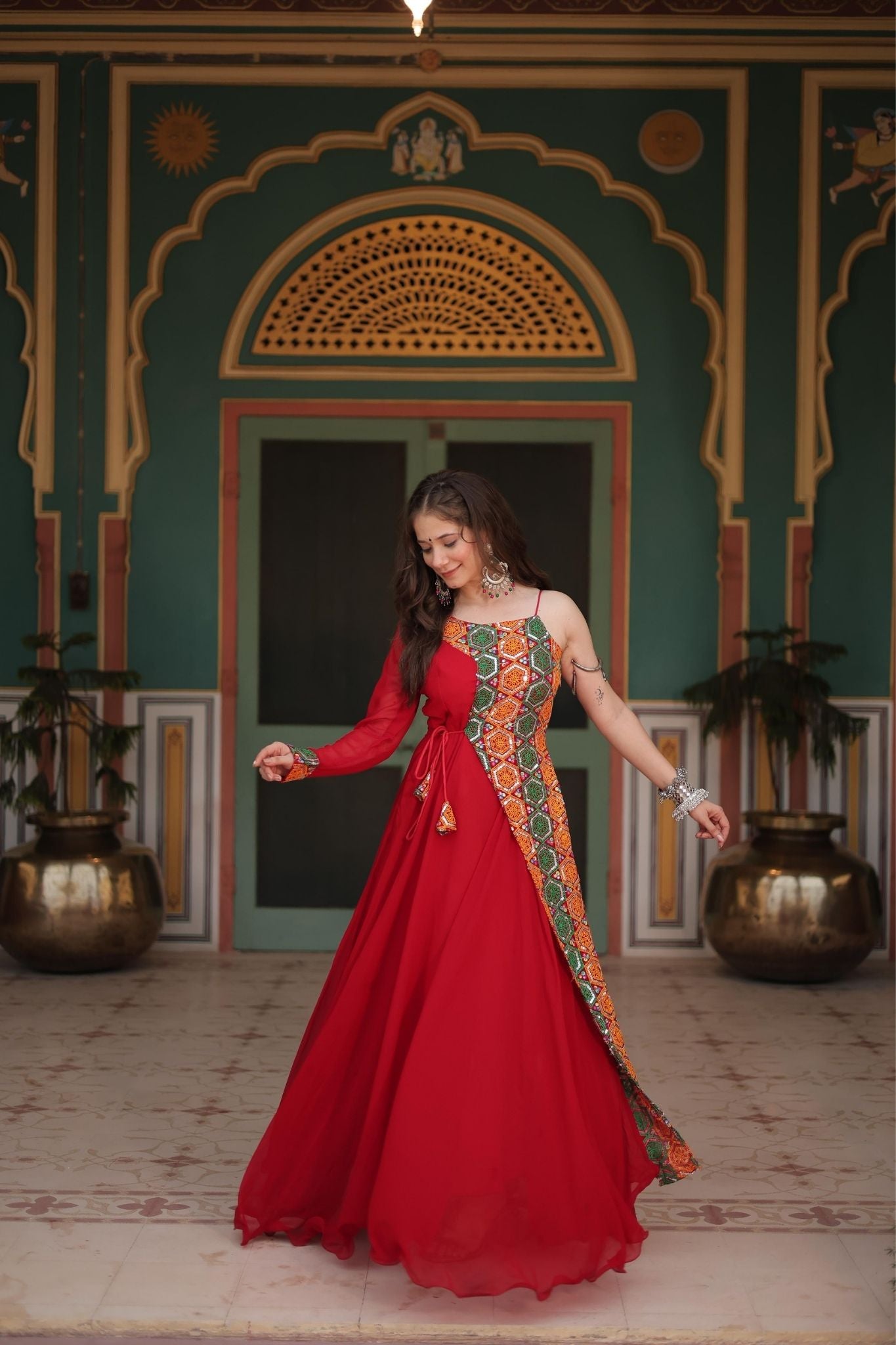 Vibrant Red Navratri Gown with Traditional Gujarati Embroidery