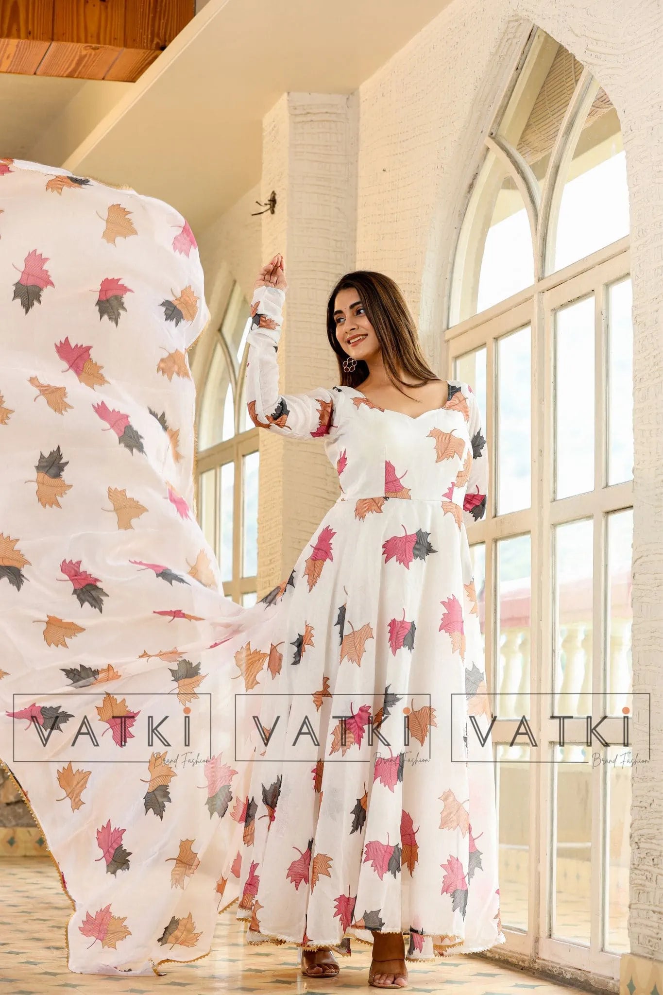 Traditional White Printed Women Beautiful Anarkali Gown