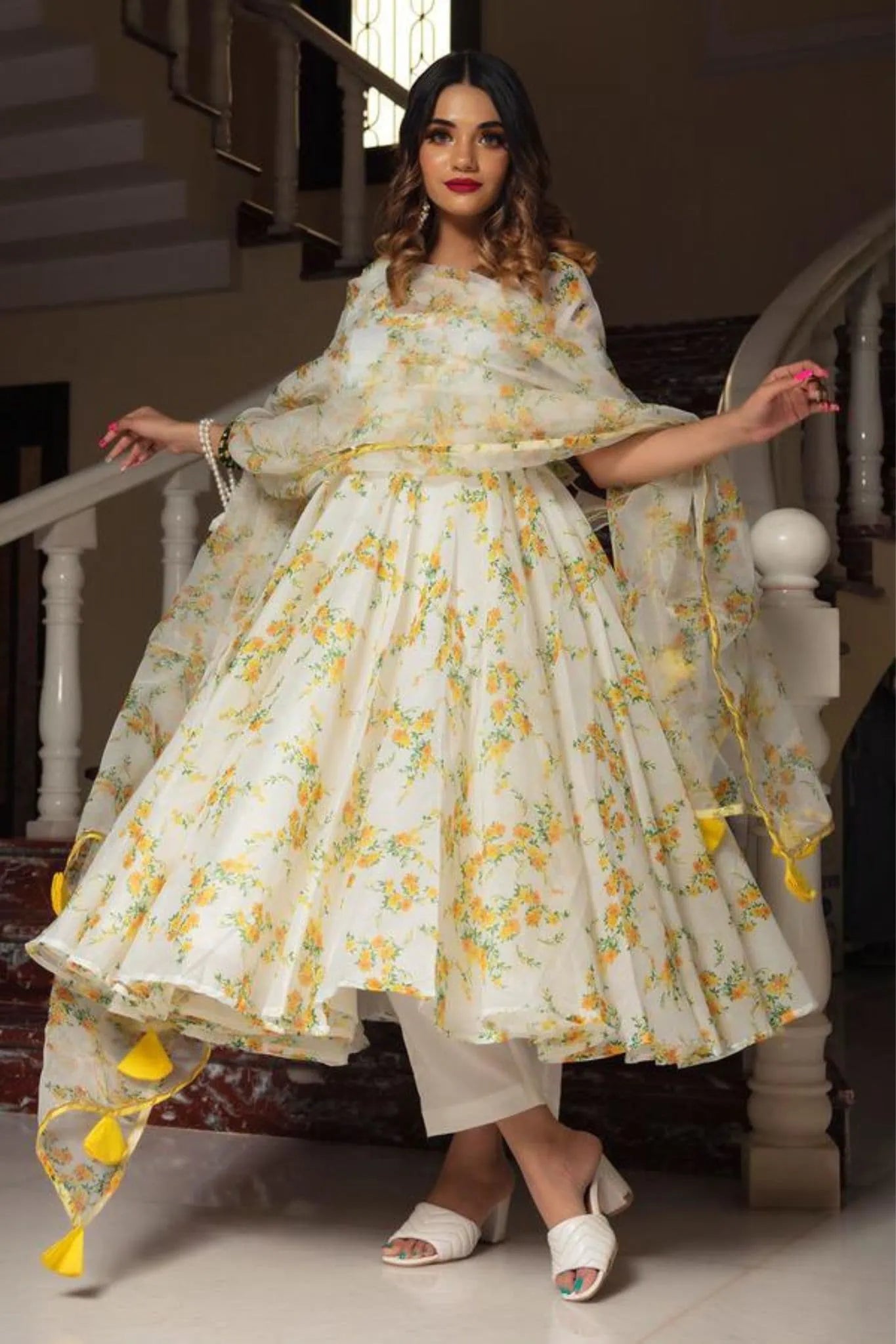 Women’s Yellow Flower Gown With Dupatta Set