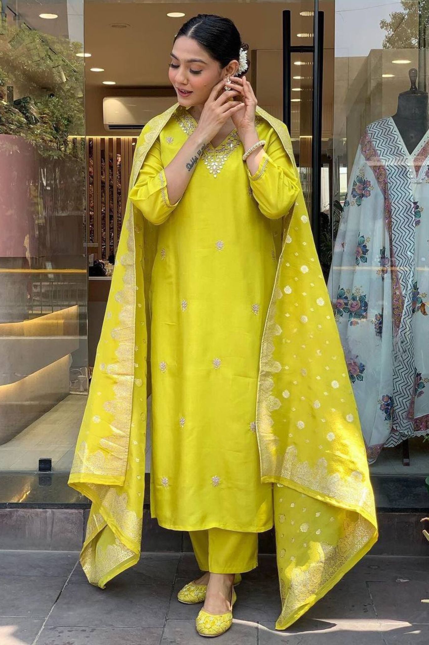 Lime-yellow Heavy Roman Silk Suit Set with Intricate Hand Embroidery & Zari Work