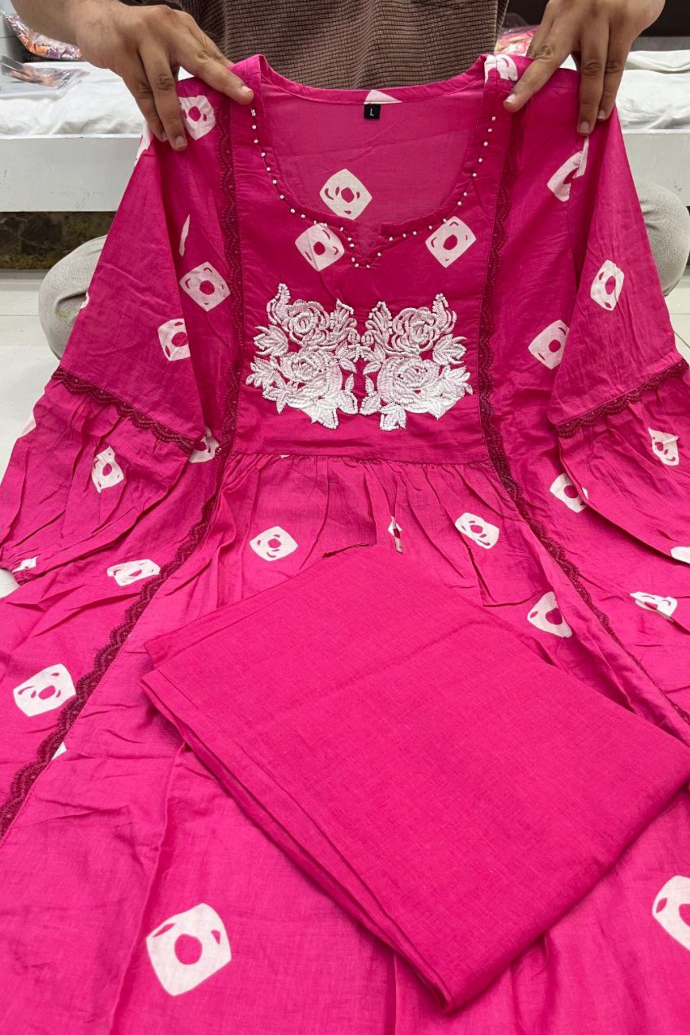 Rani Pink Color Cotton Kurta Pant Set with Handwork Embroidery