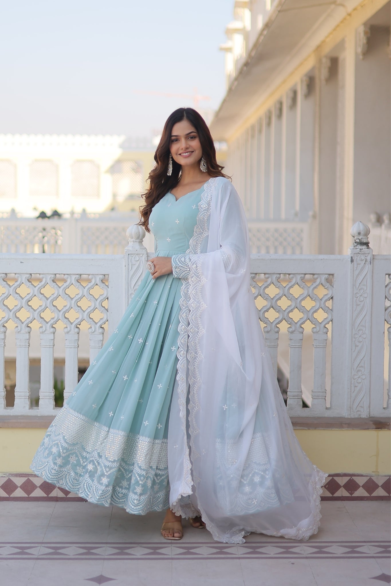 Georgette Sky Blue Designer Readymade Gown Collections