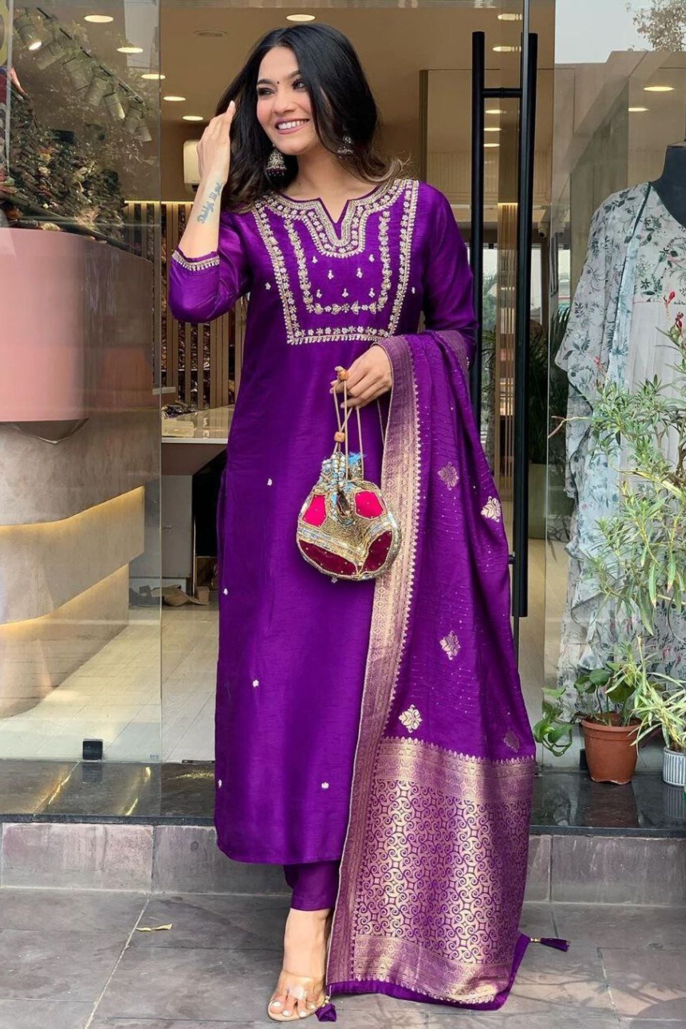 Purple Women Embroidered A-Line Kurta Set