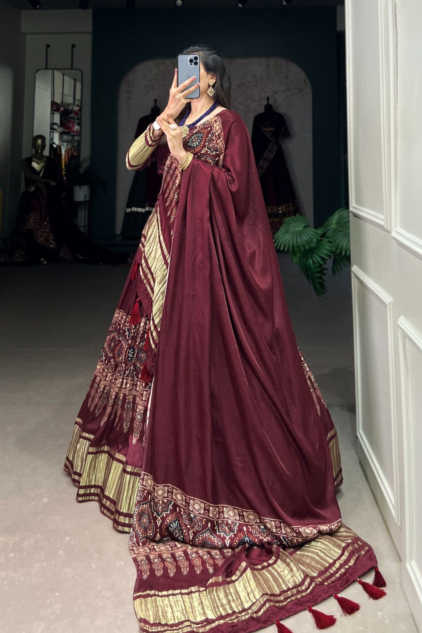 Maroon Gaji Silk Digital Print With Lagadi Patta Work Lehenga Choli