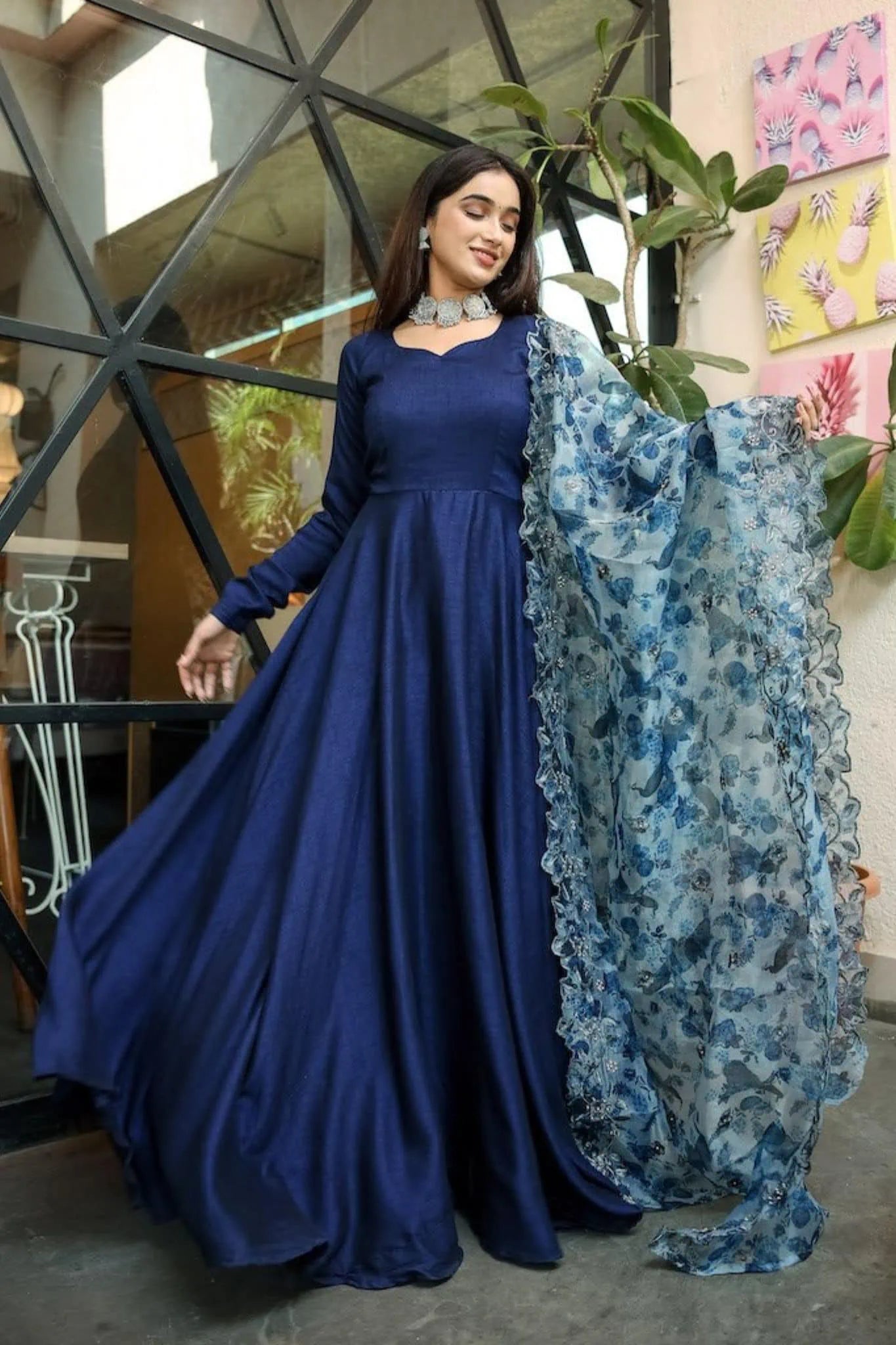 Navy Blue Stylish Beautiful Gown With Dupatta