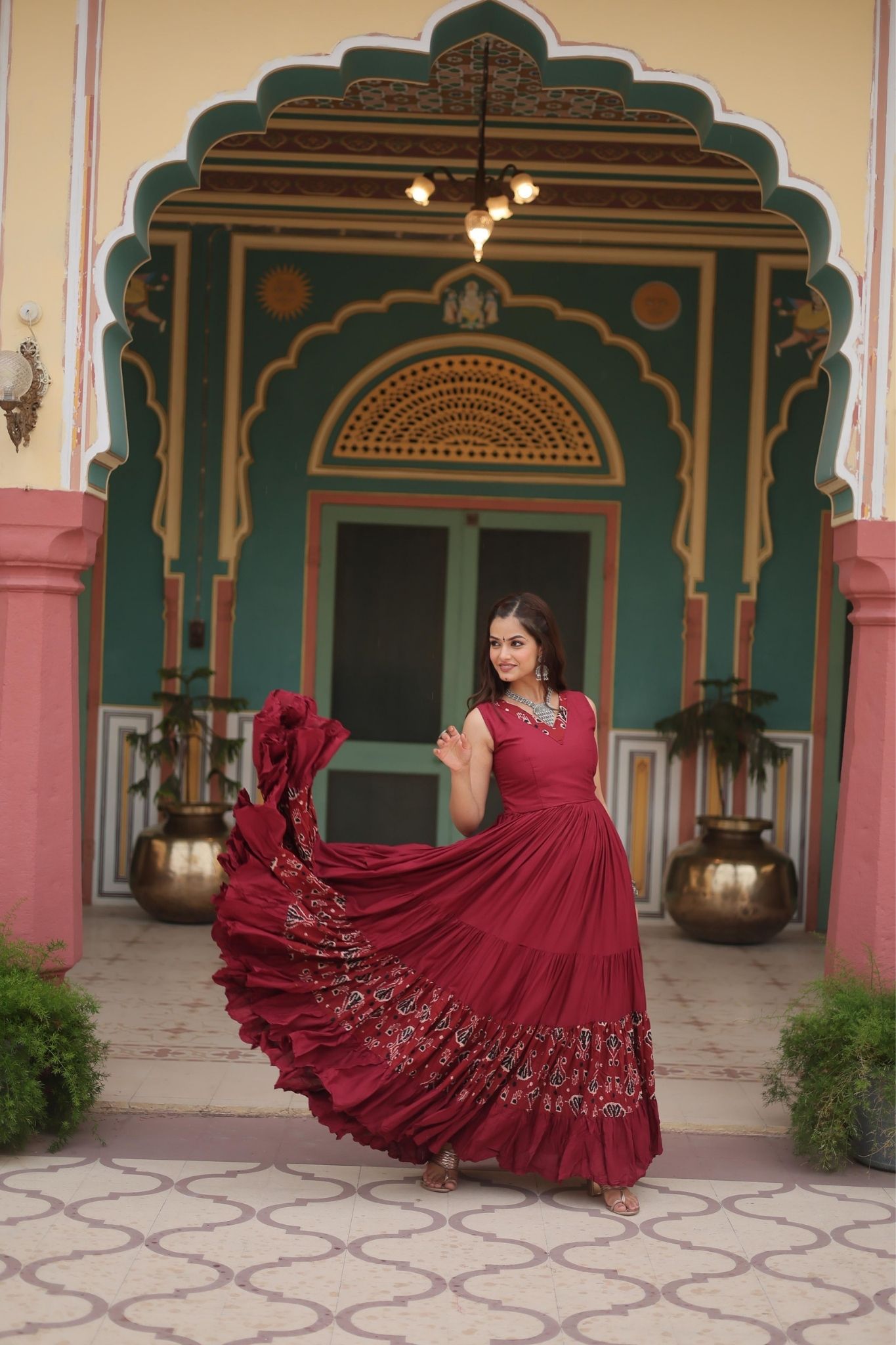 Elegant Maroon & Black Printed Rayon Fabric with Frill and Neck Detail