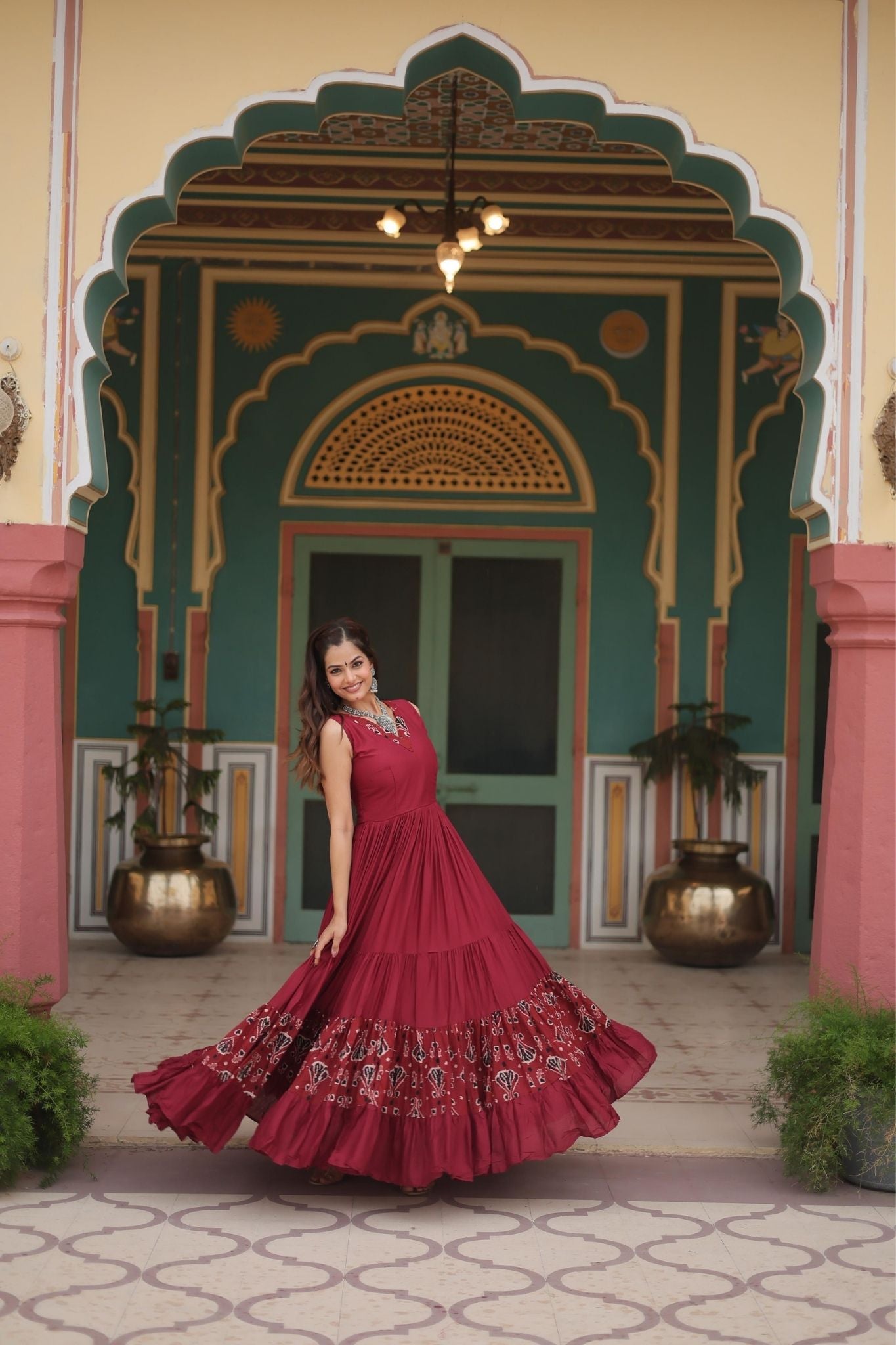 Elegant Maroon & Black Printed Rayon Fabric with Frill and Neck Detail