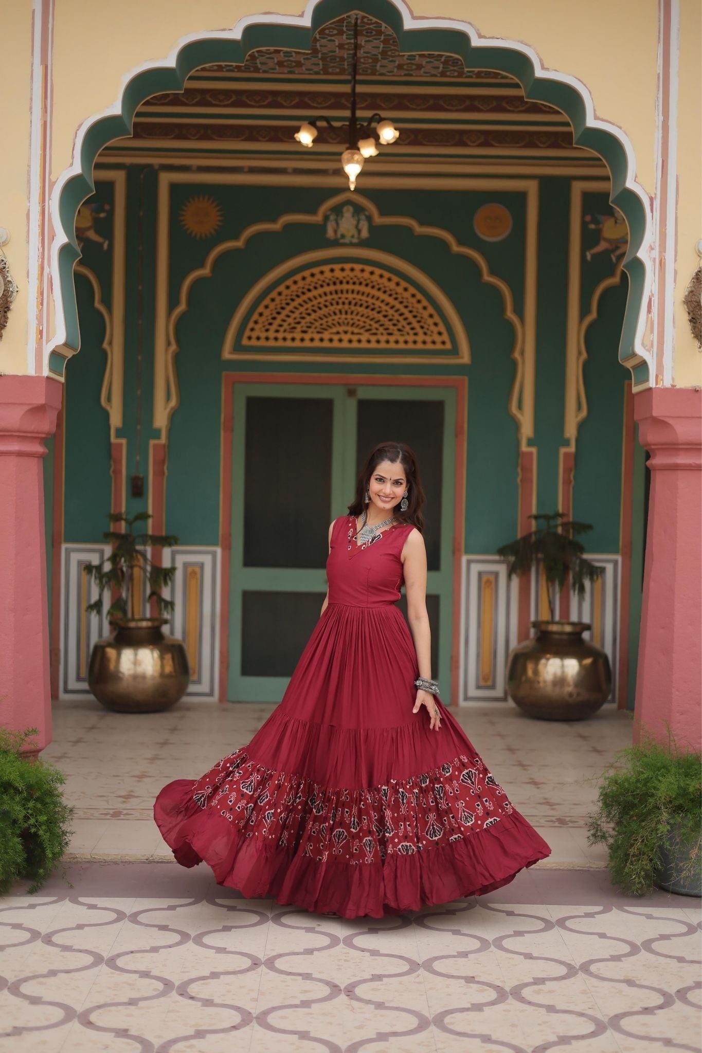 Elegant Maroon & Black Printed Rayon Fabric with Frill and Neck Detail