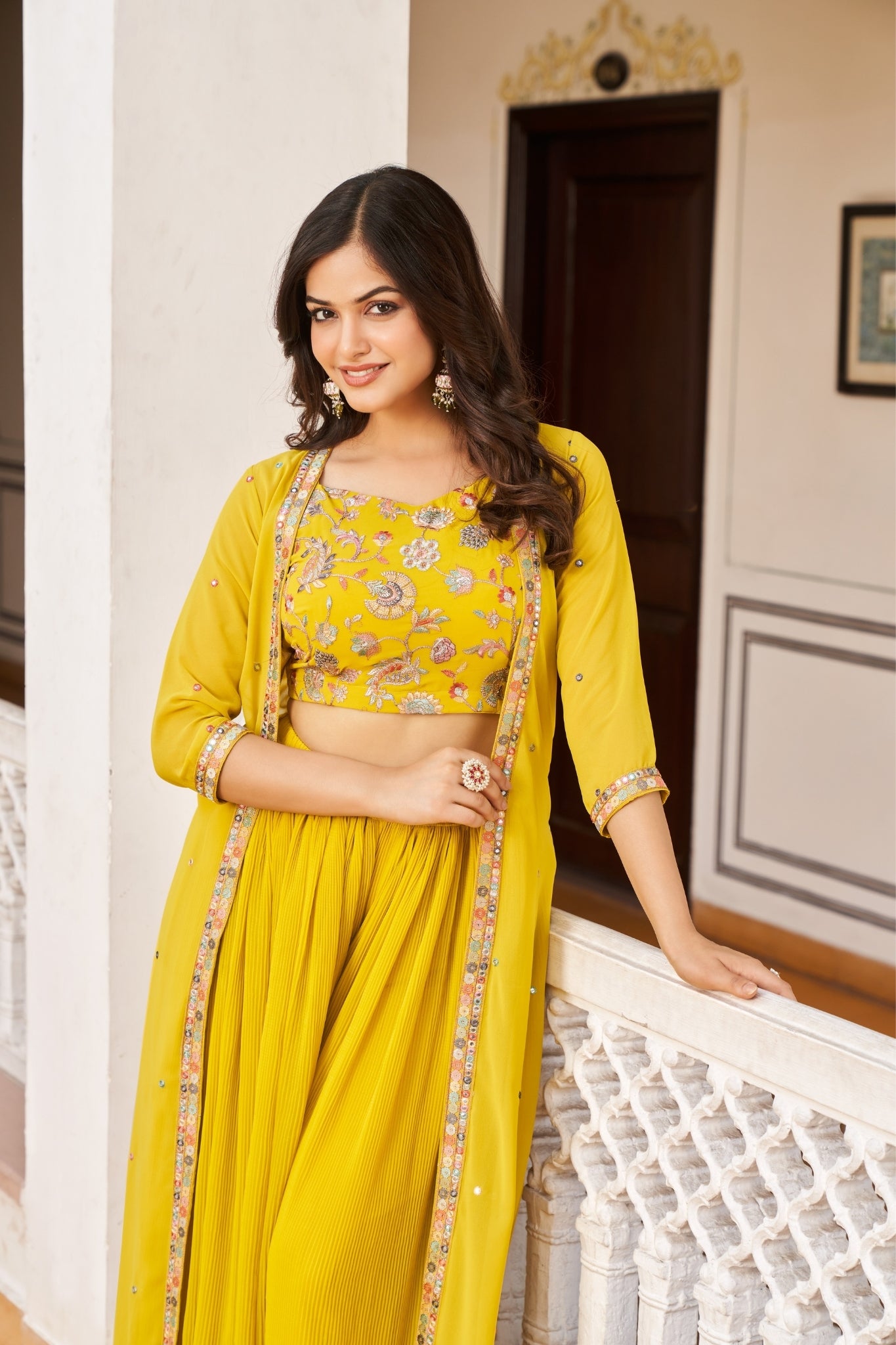 Yellow Georgette Embroidery Worked Crop Top