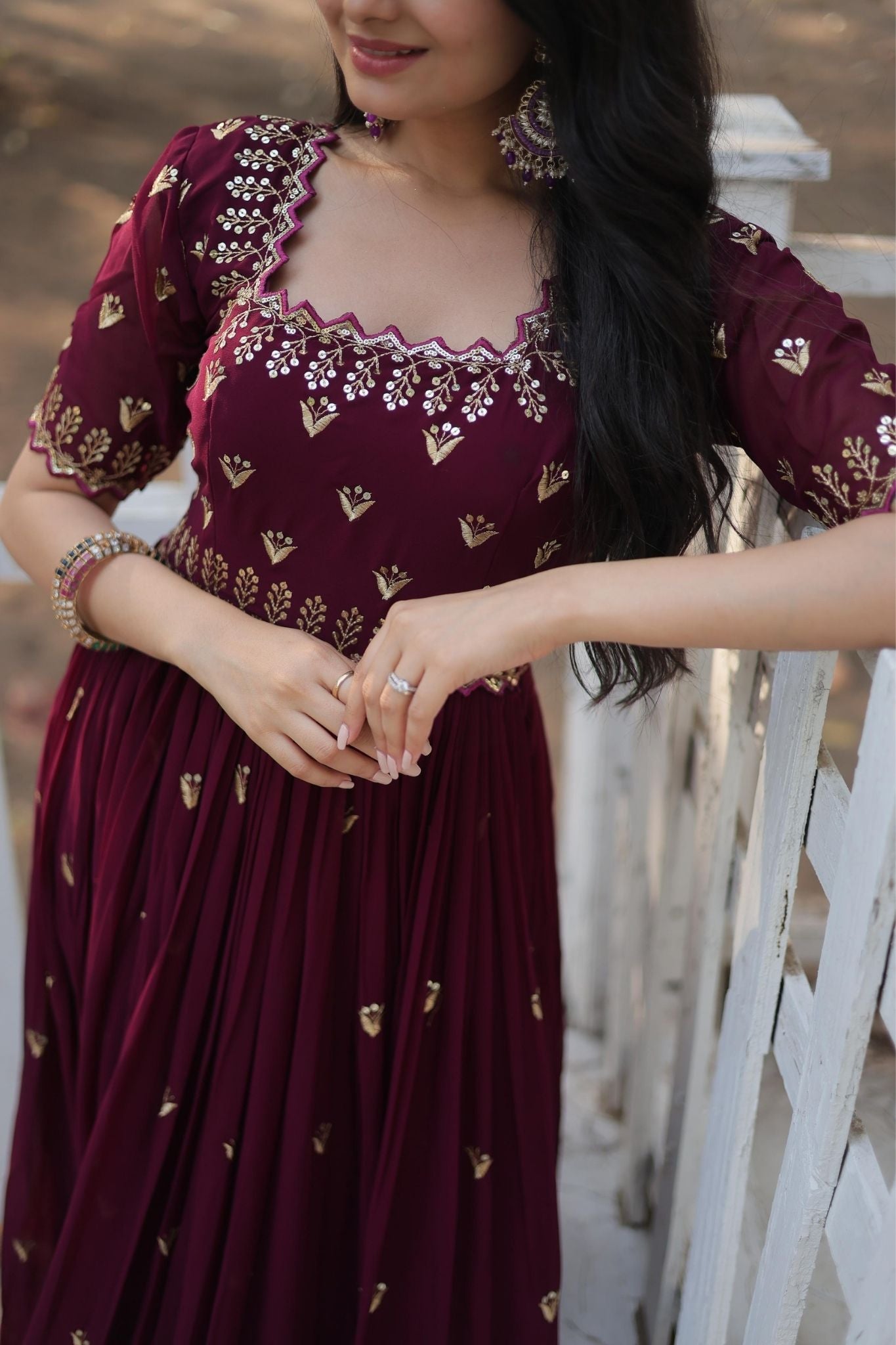 Maroon Faux Anarkali Gown with Intricate Zari and Sequins Embroidery