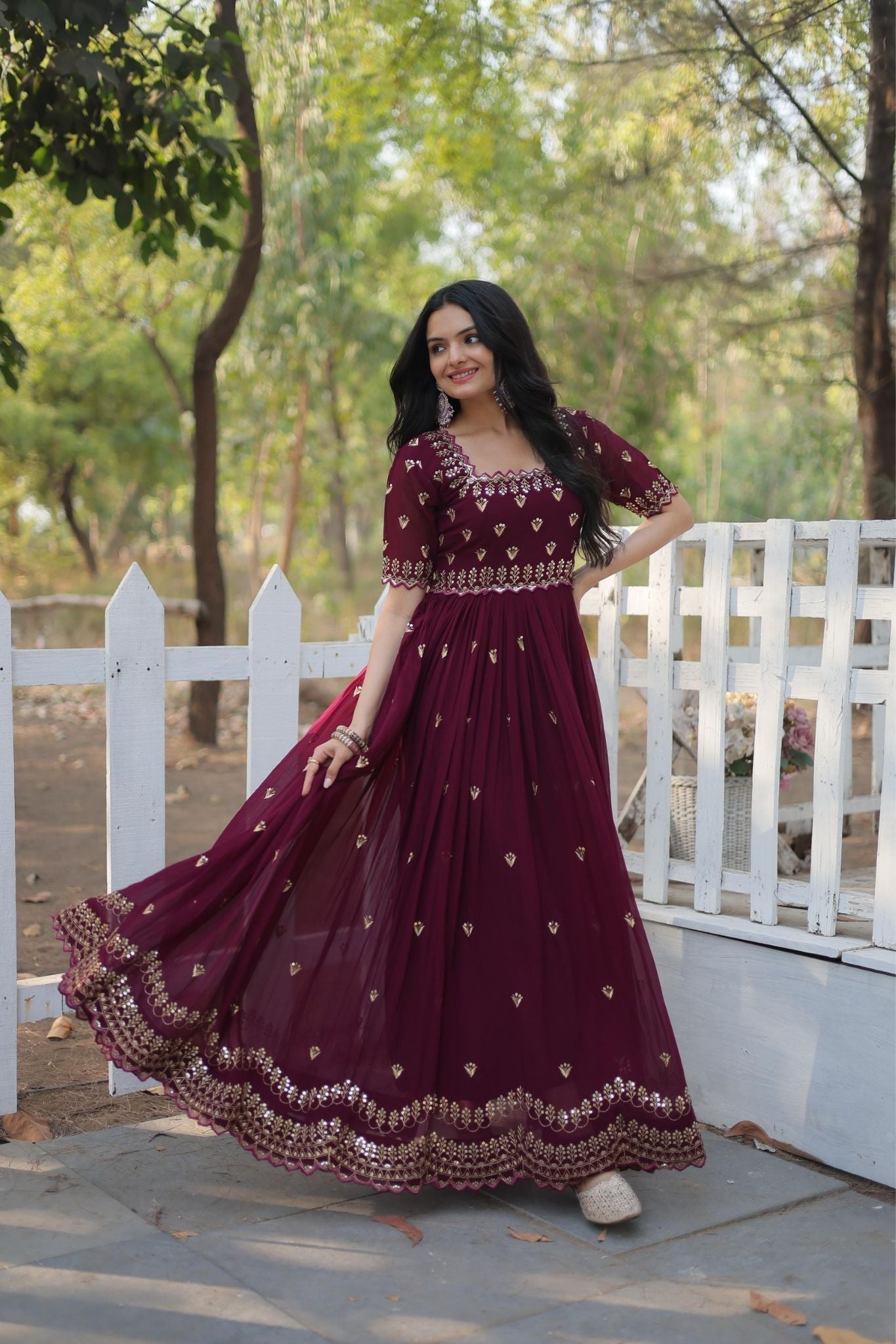 Maroon Faux Anarkali Gown with Intricate Zari and Sequins Embroidery