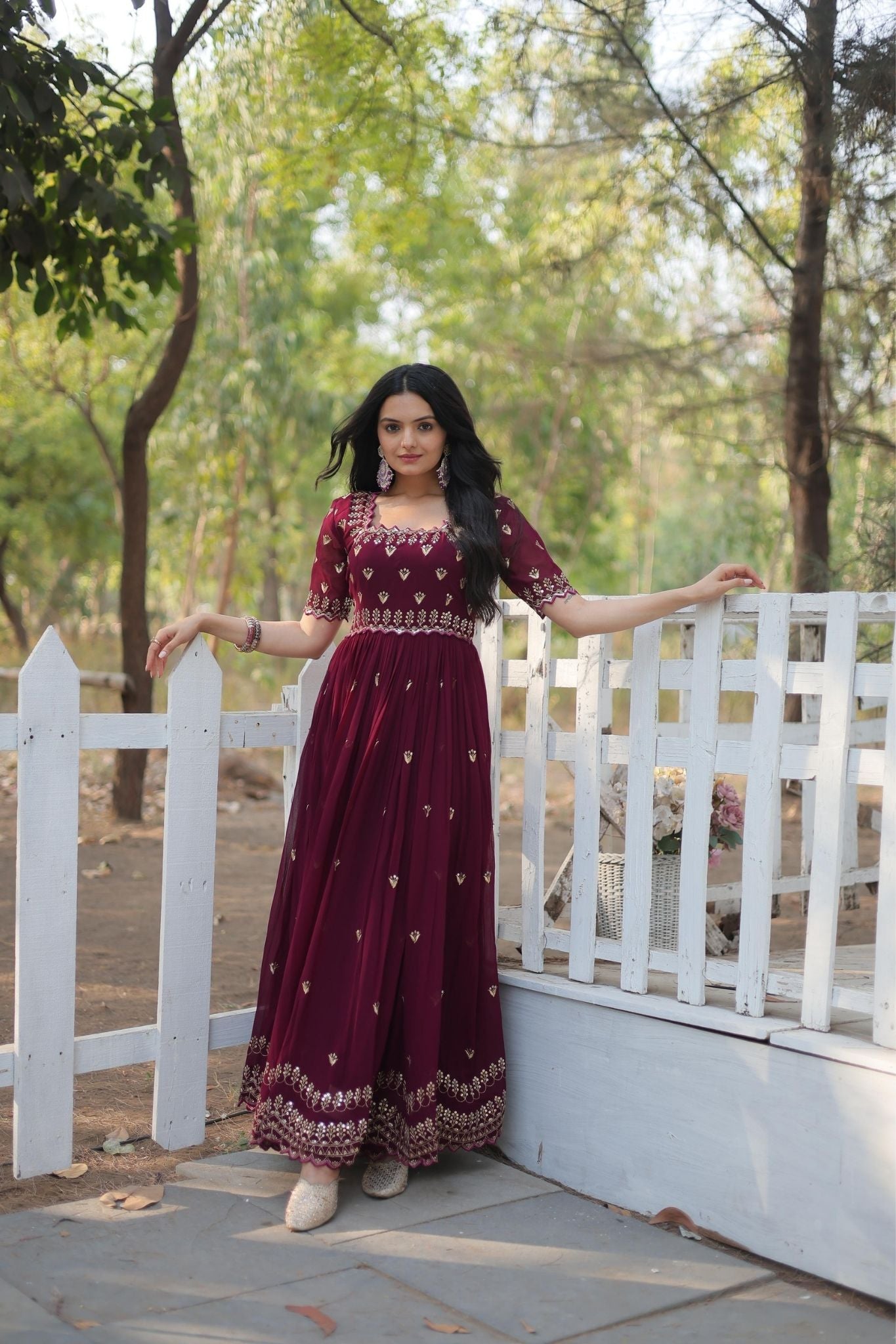 Maroon Faux Anarkali Gown with Intricate Zari and Sequins Embroidery