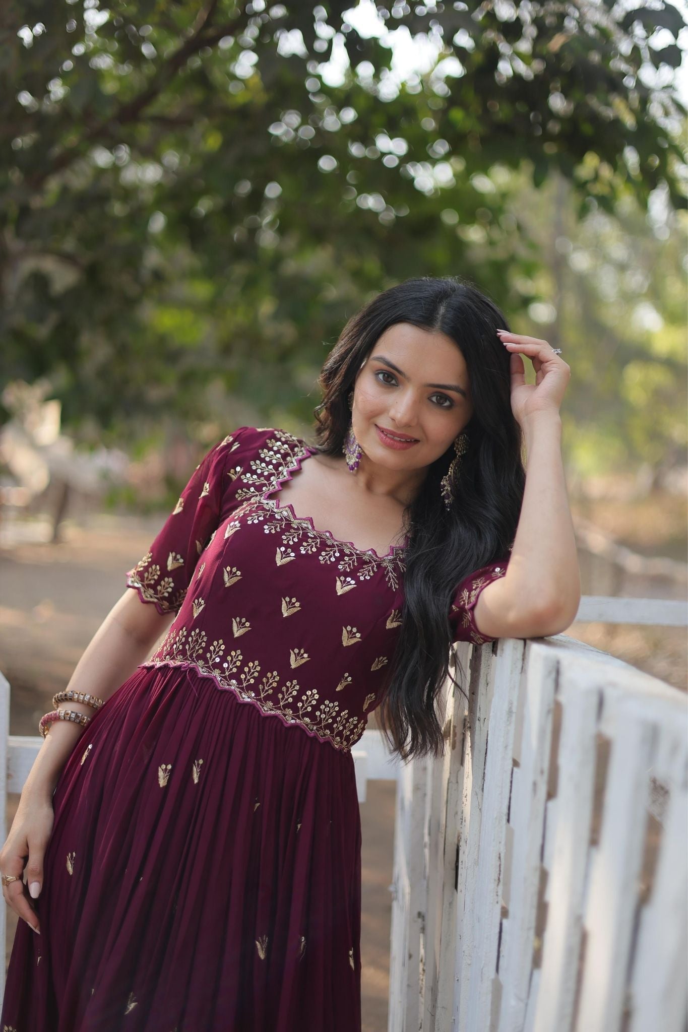 Maroon Faux Anarkali Gown with Intricate Zari and Sequins Embroidery