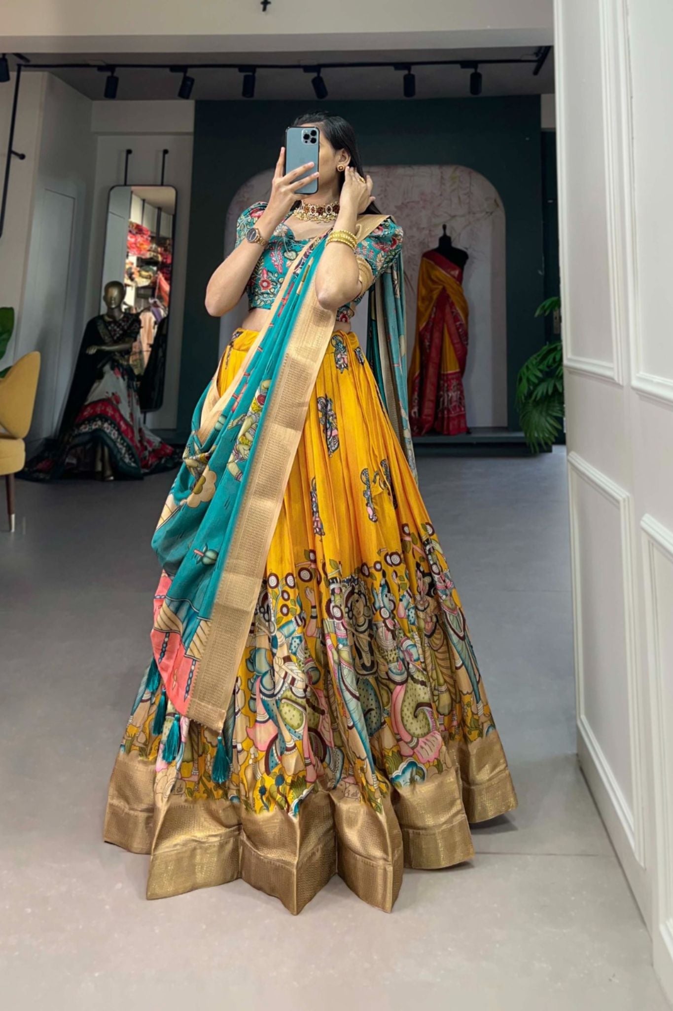 Kalamkari Printed Dola Silk Lehenga Choli