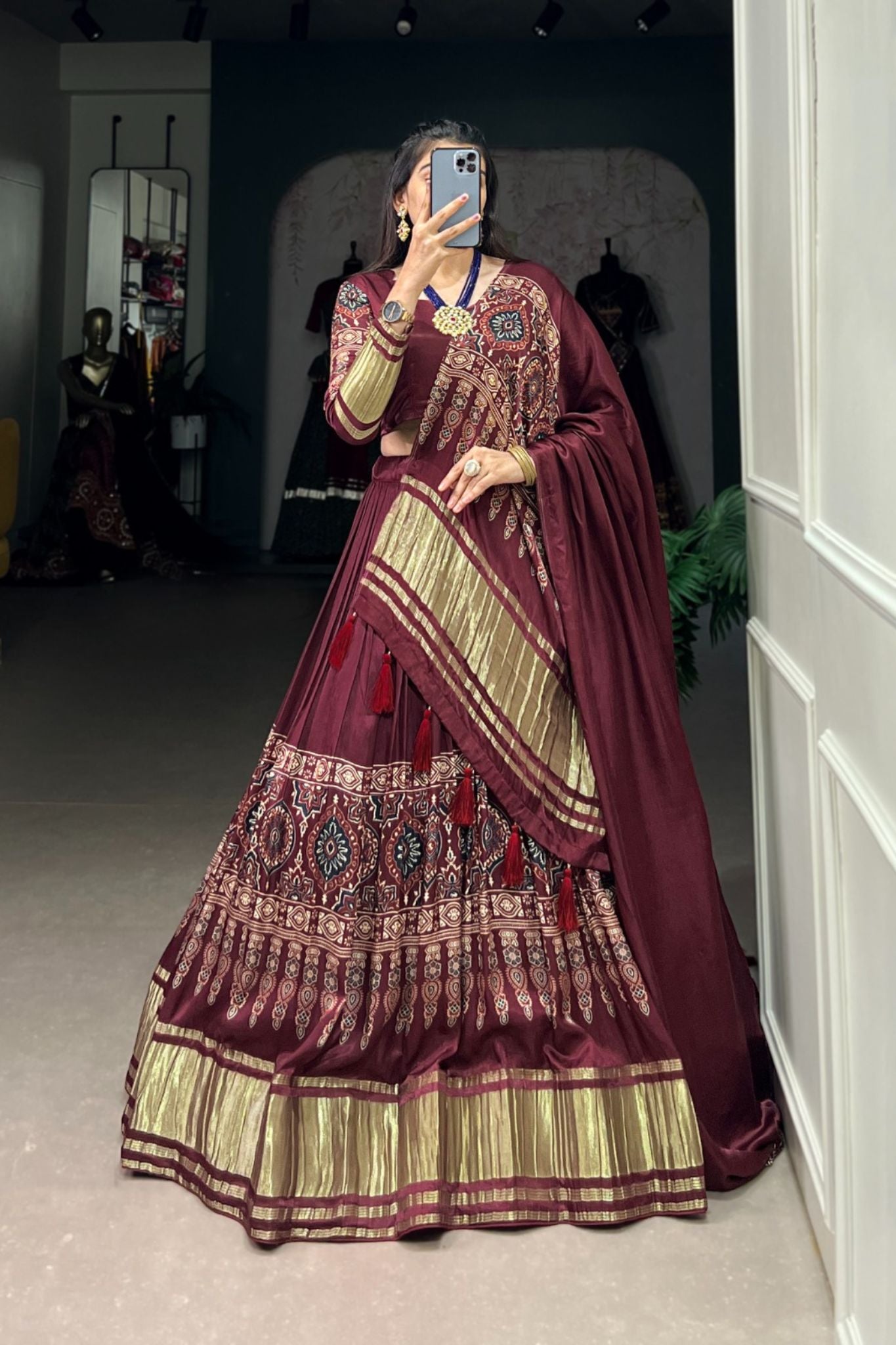 Maroon Gaji Silk Digital Print With Lagadi Patta Work Lehenga Choli