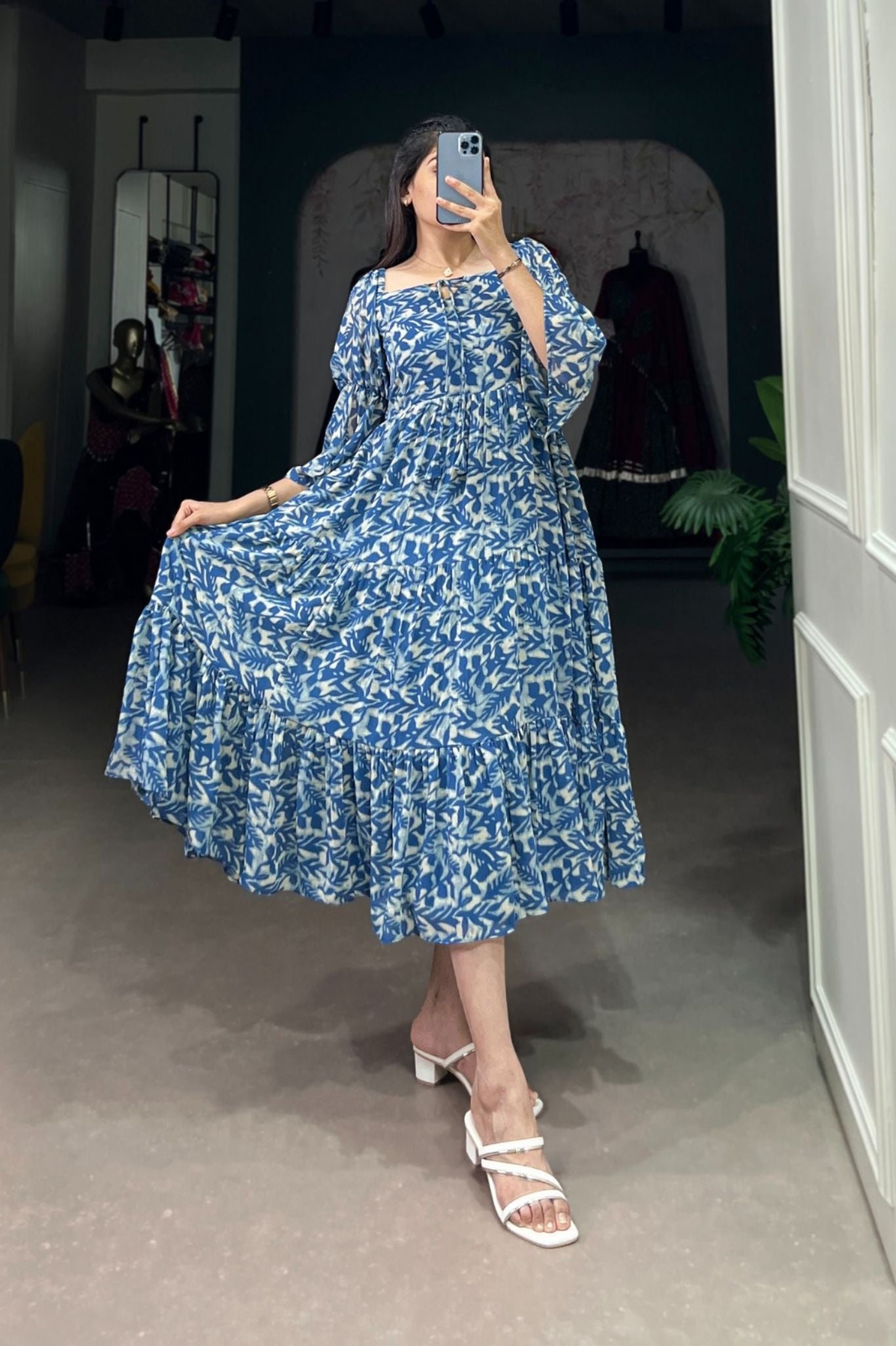 Leaf Print Tiered Boho Midi Dress with Bell Sleeves