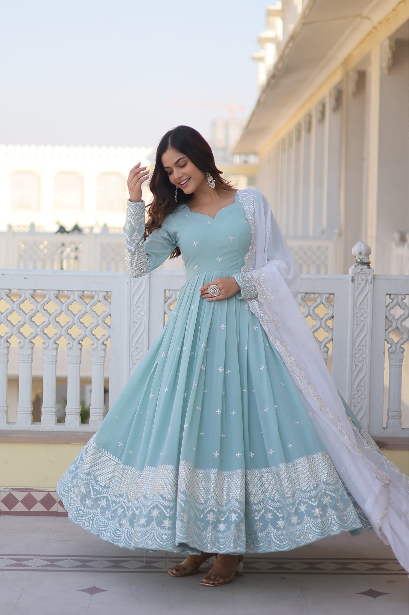 Georgette Sky Blue Designer Readymade Gown Collections