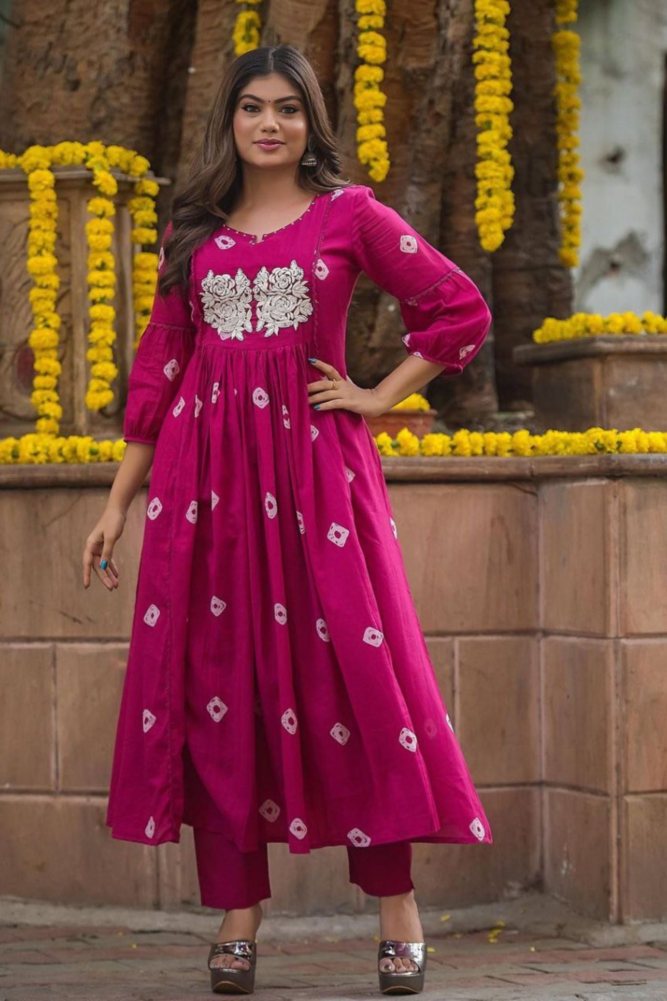 Rani Pink Color Cotton Kurta Pant Set with Handwork Embroidery