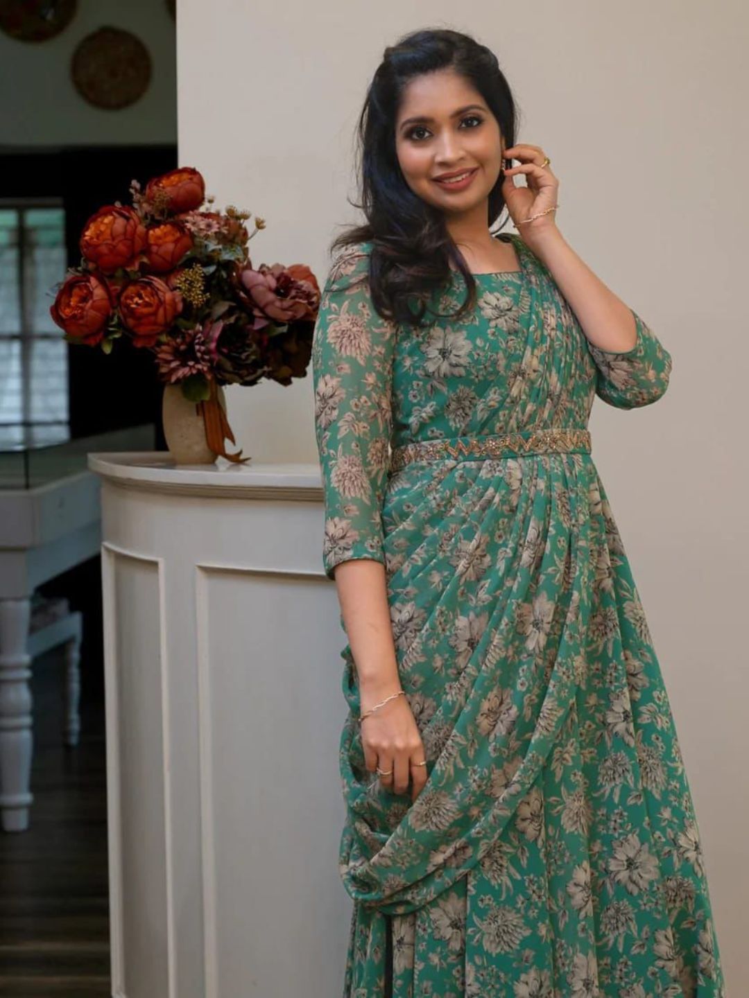Green Flower Premium Readymade Designer Gown With Dupatta Set