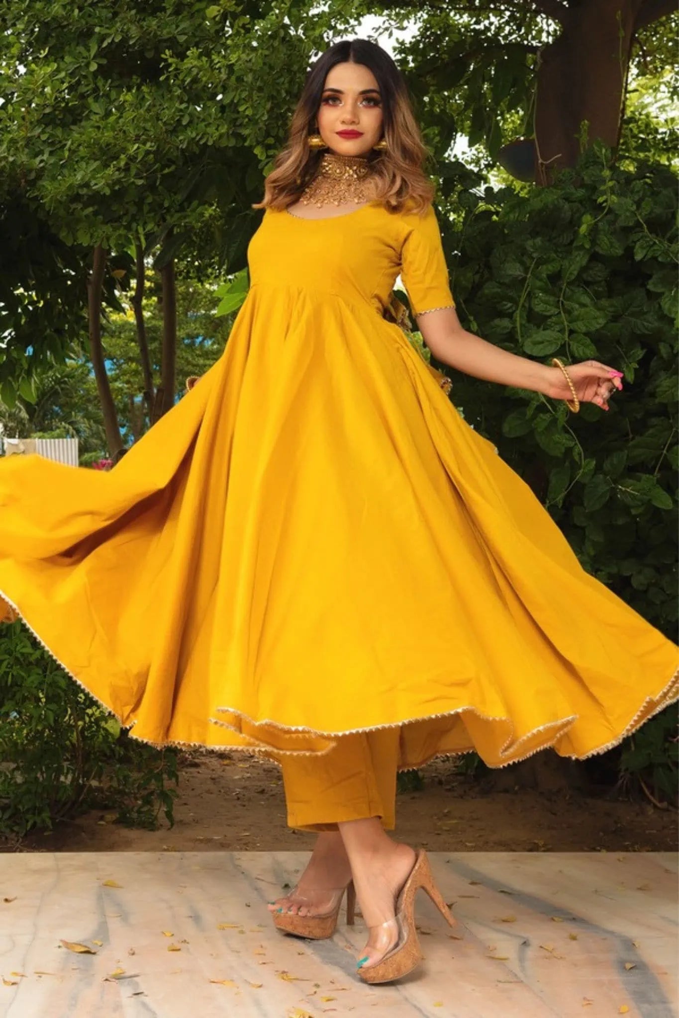 Women’s Rosemary Yellow Reyon Gowns With Dupatta Set