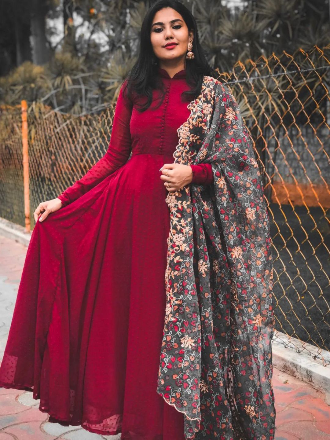Maroon Colour Georgette Gown With Dupatta