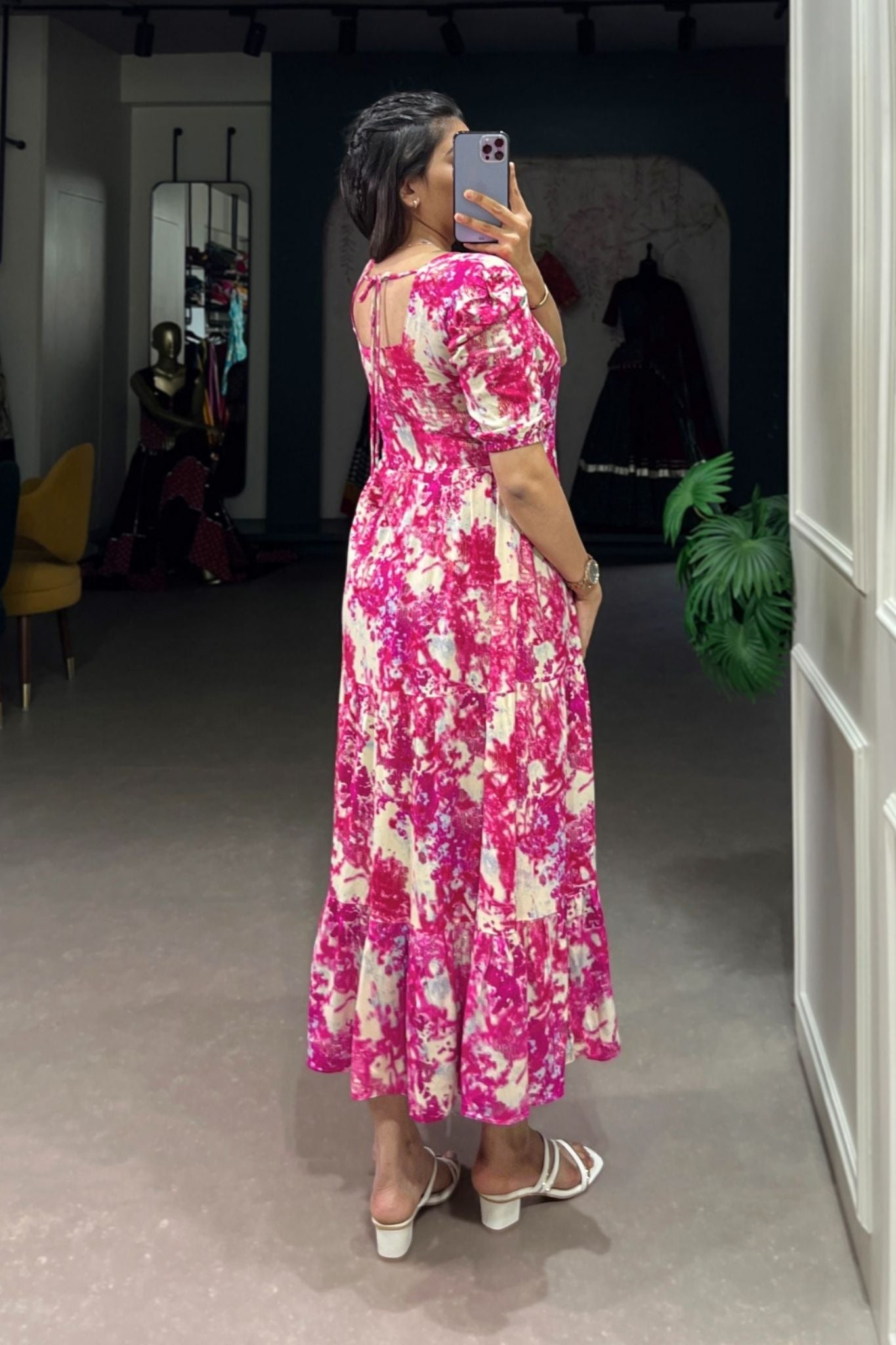 Floral Print Sweetheart Midi Dress with Puff Sleeves