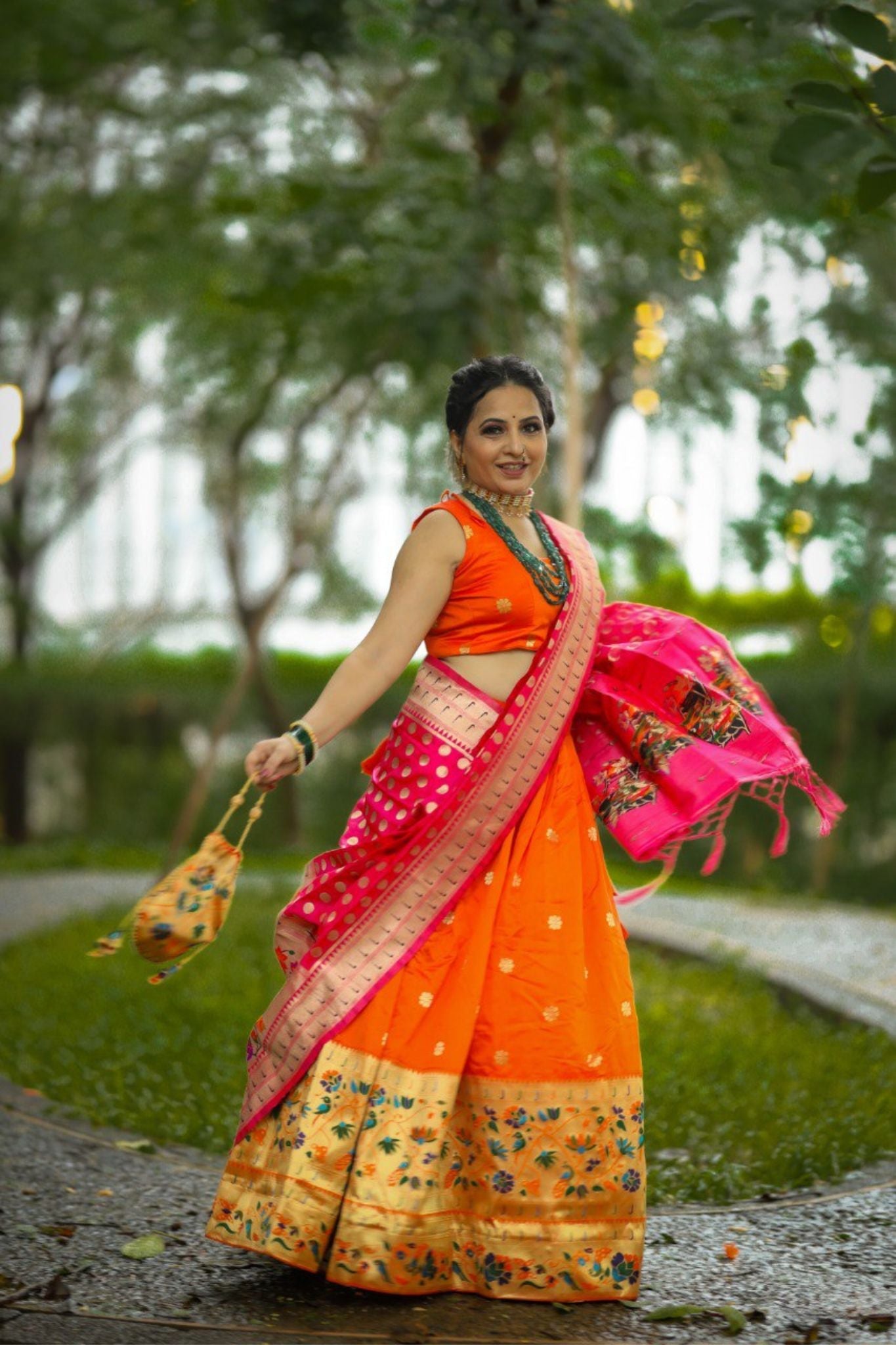 Orange Paithani Silk Weaving Work Lehenga Choli