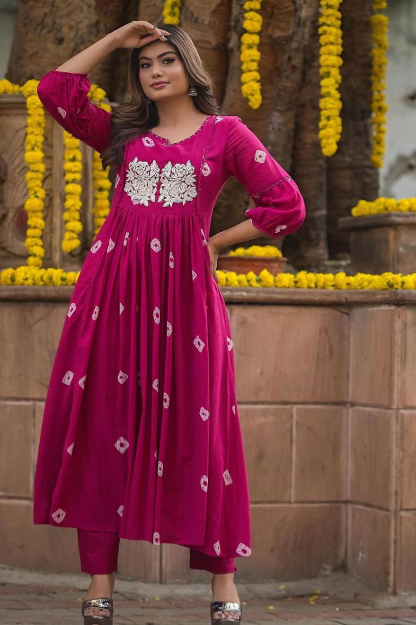 Rani Pink Color Cotton Kurta Pant Set with Handwork Embroidery