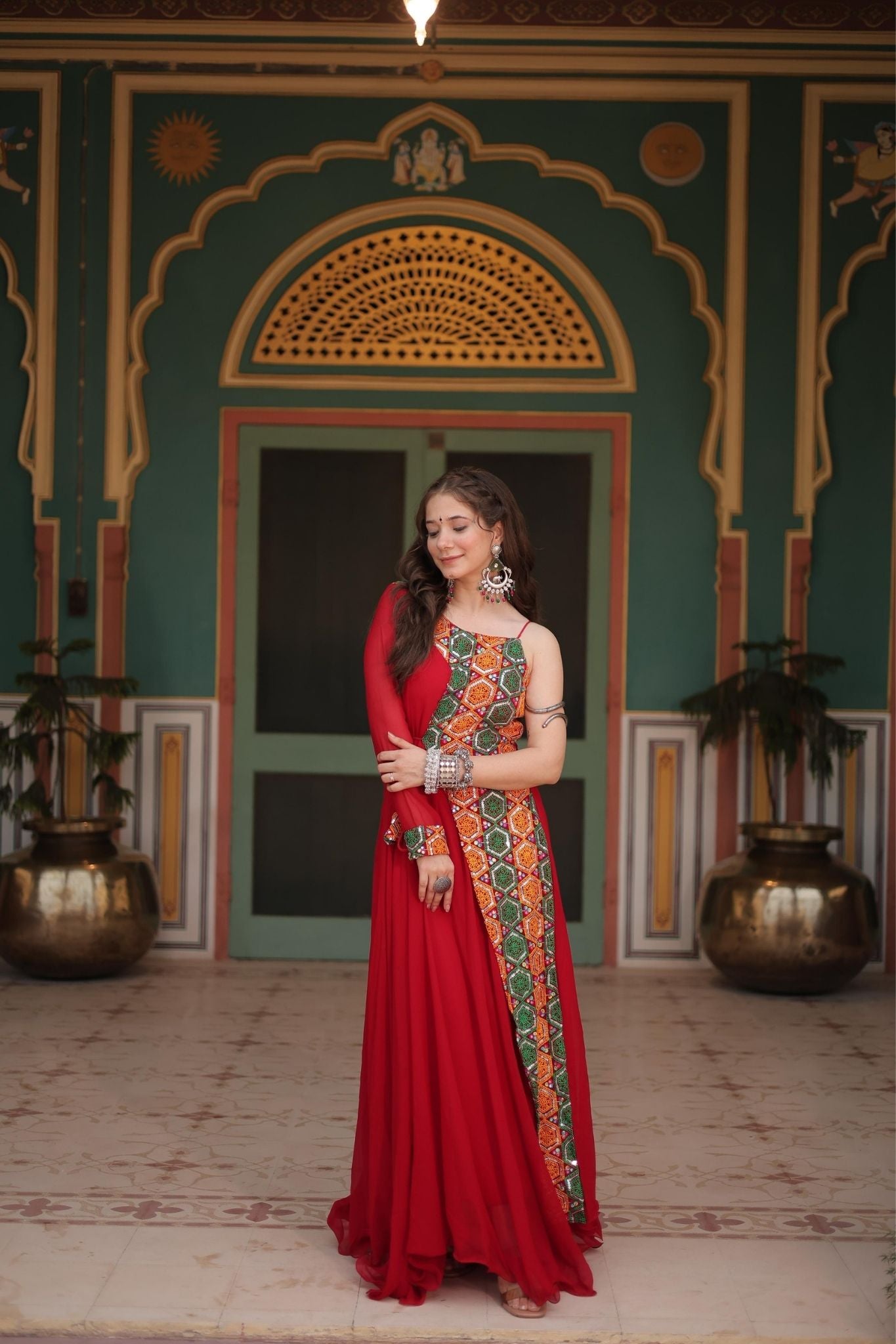 Vibrant Red Navratri Gown with Traditional Gujarati Embroidery