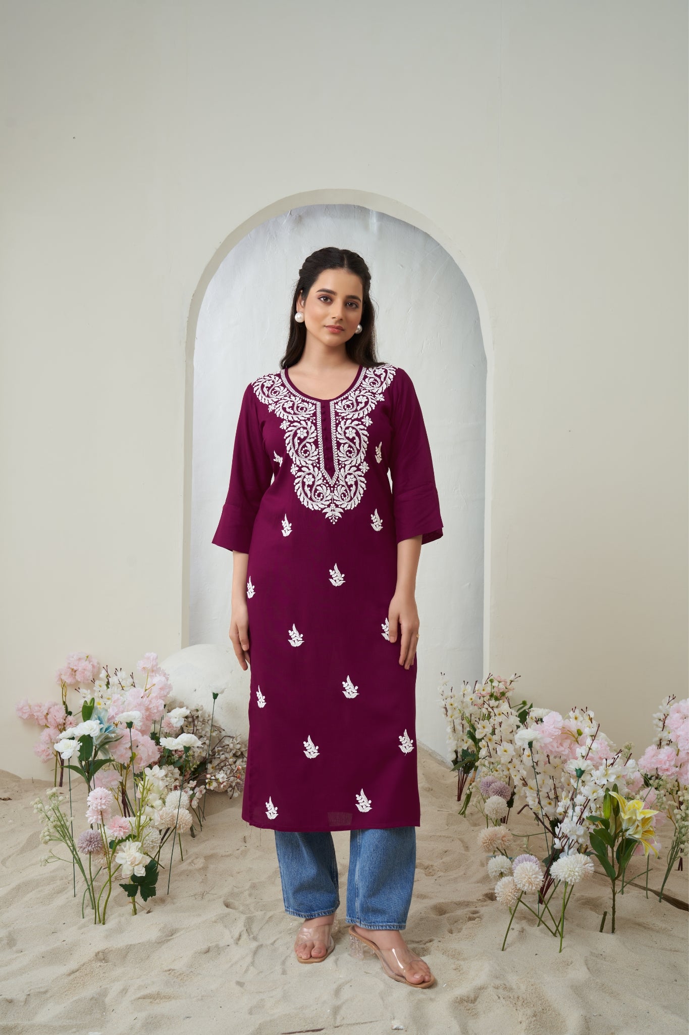 Magenta Chikankari Rayon Solid Women's Kurti