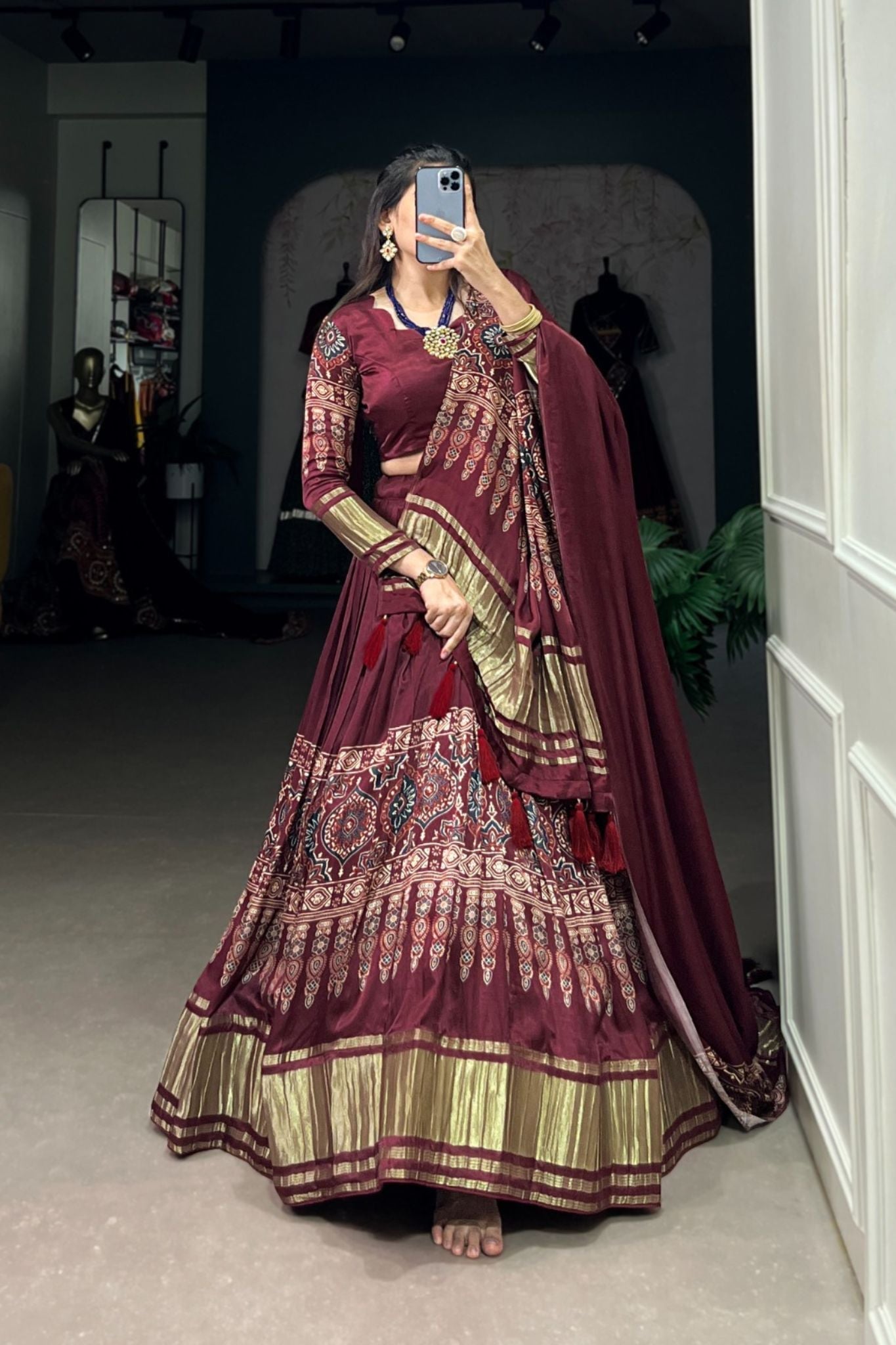 Maroon Gaji Silk Digital Print With Lagadi Patta Work Lehenga Choli