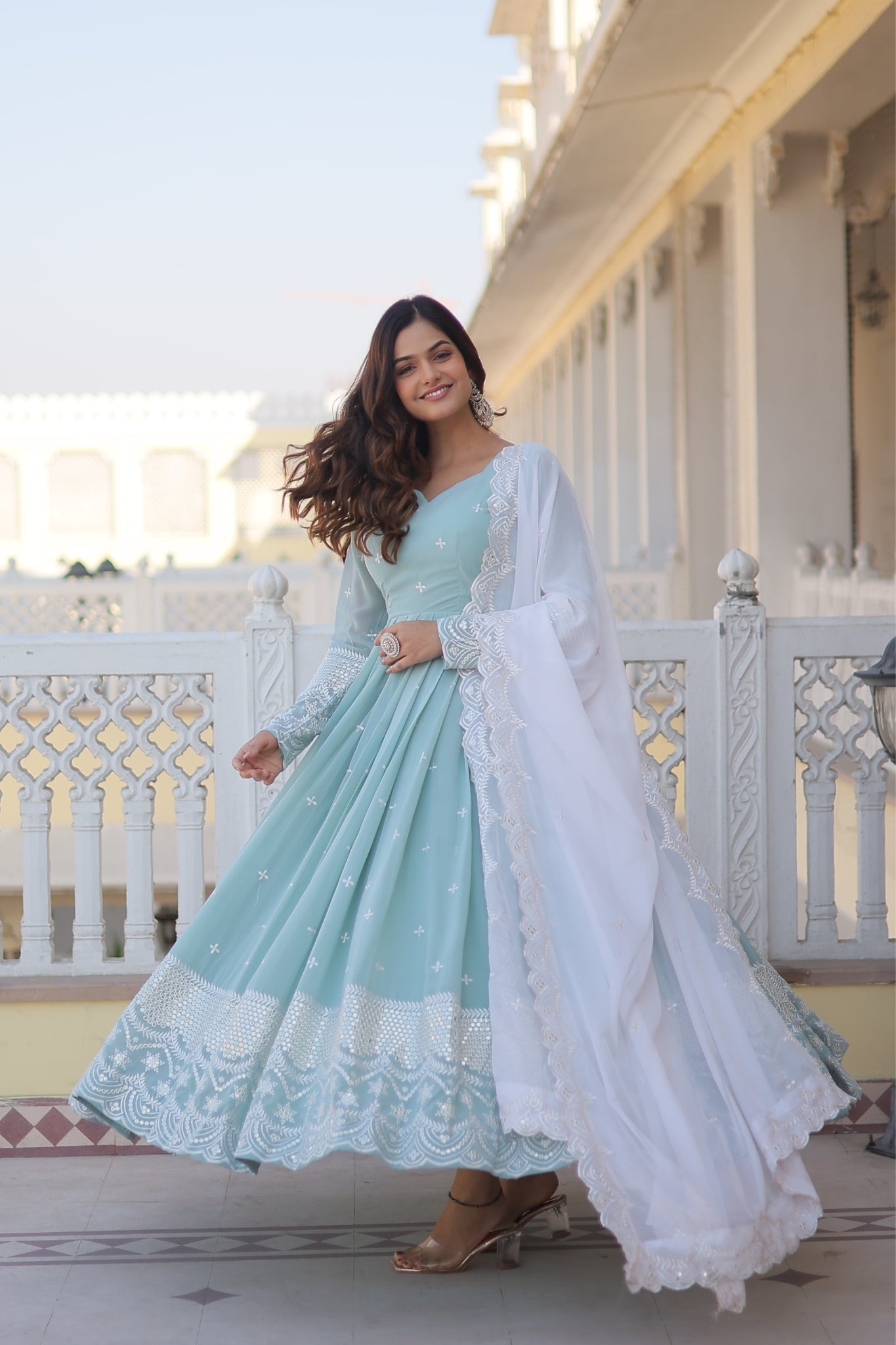 Georgette Sky Blue Designer Readymade Gown Collections