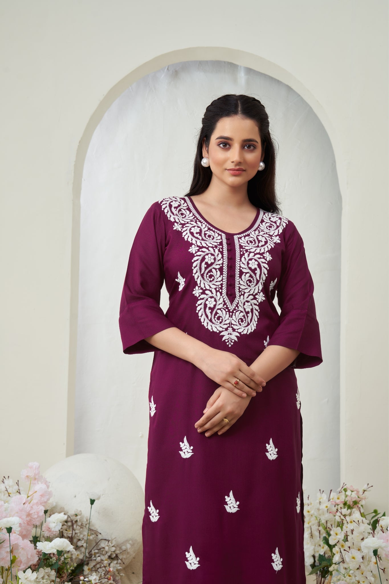 Magenta Chikankari Rayon Solid Women's Kurti