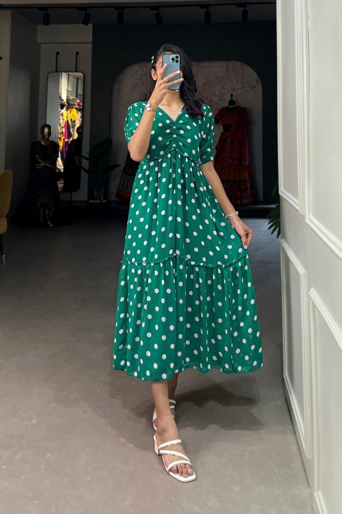 Vintage Dot Print Georgette Dress