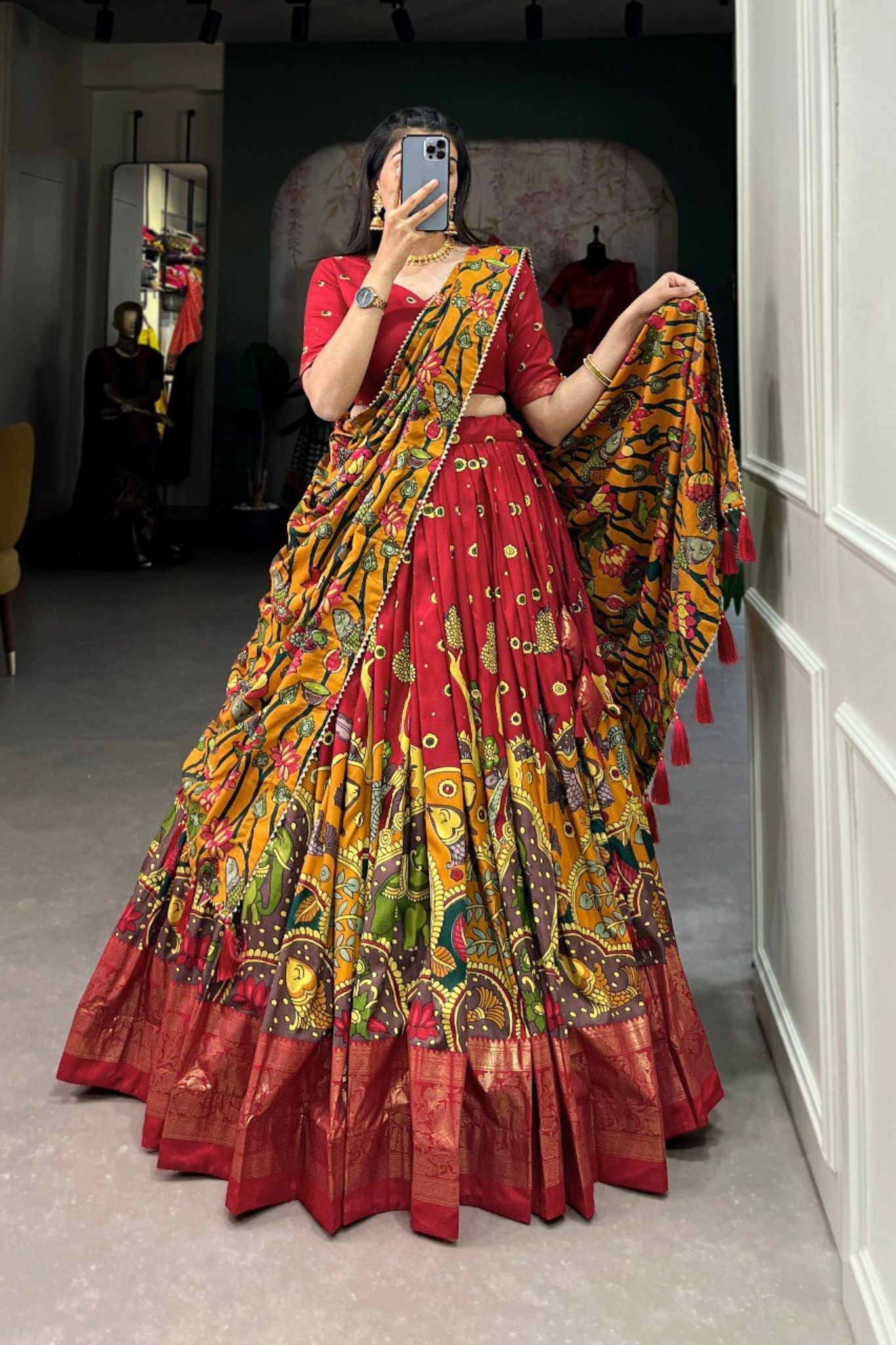 Stylish Designer Kalamkari Print With Foil Work Lehenga Choli