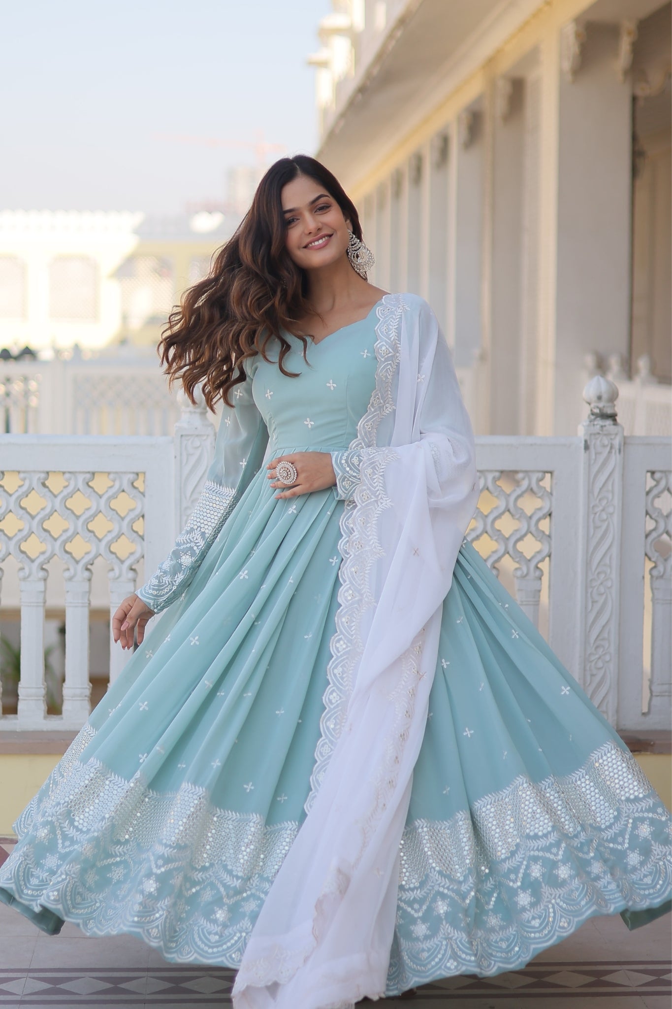 Georgette Sky Blue Designer Readymade Gown Collections