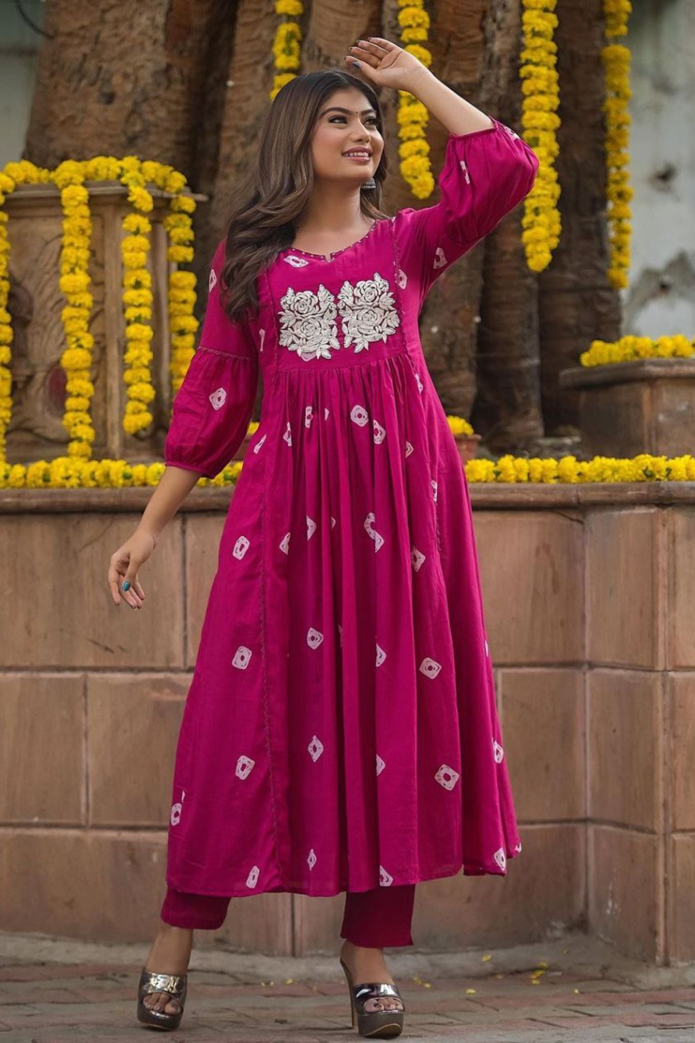 Rani Pink Color Cotton Kurta Pant Set with Handwork Embroidery