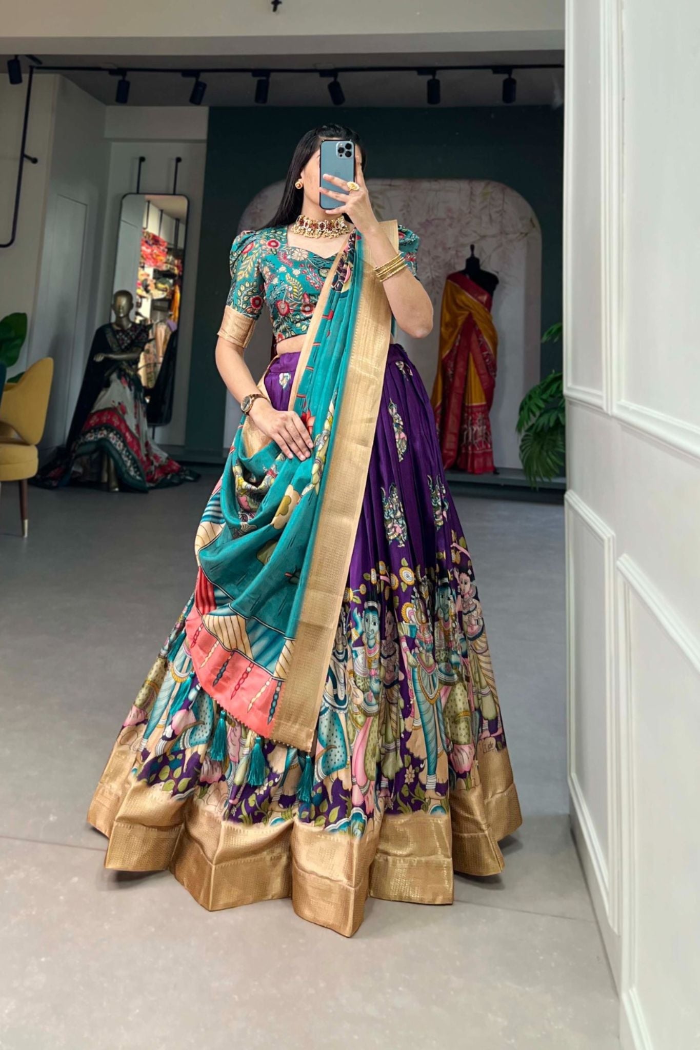 Kalamkari Printed Dola Silk Lehenga Choli