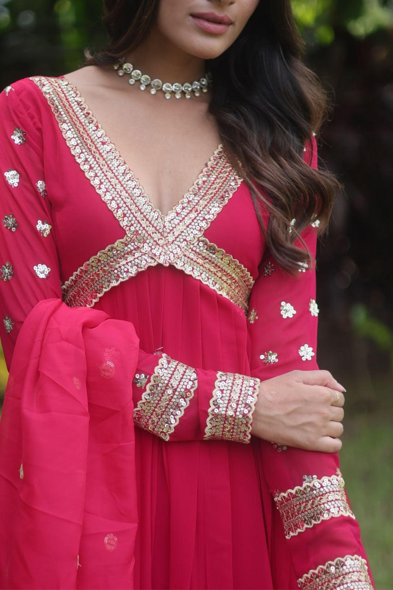 Embroidered Gown with Golden Accents and Flowing Dupatta