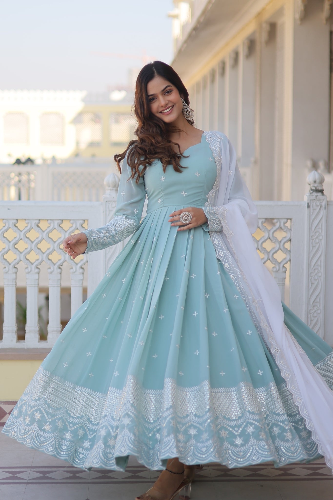 Georgette Sky Blue Designer Readymade Gown Collections