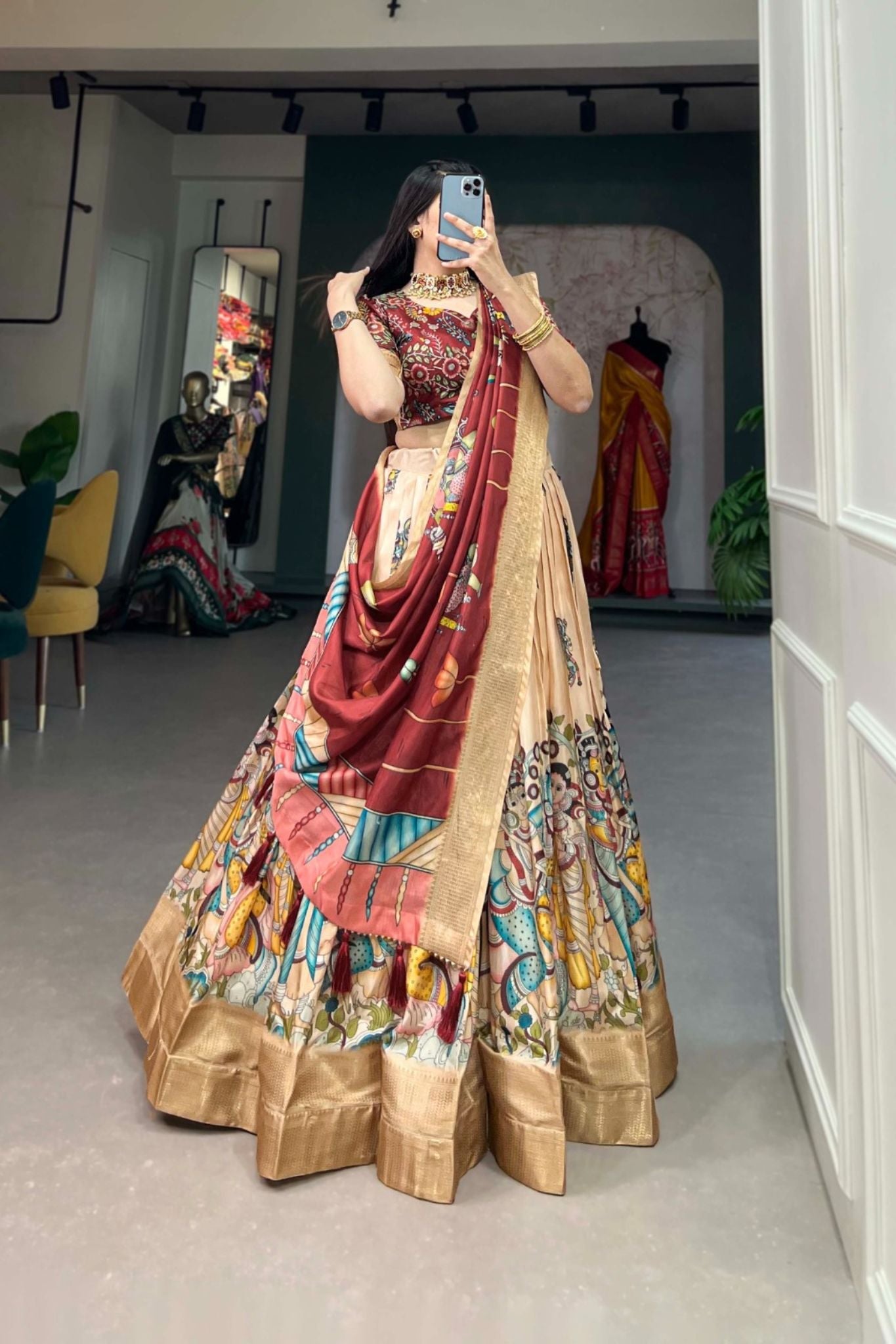 Kalamkari Printed Dola Silk Lehenga Choli