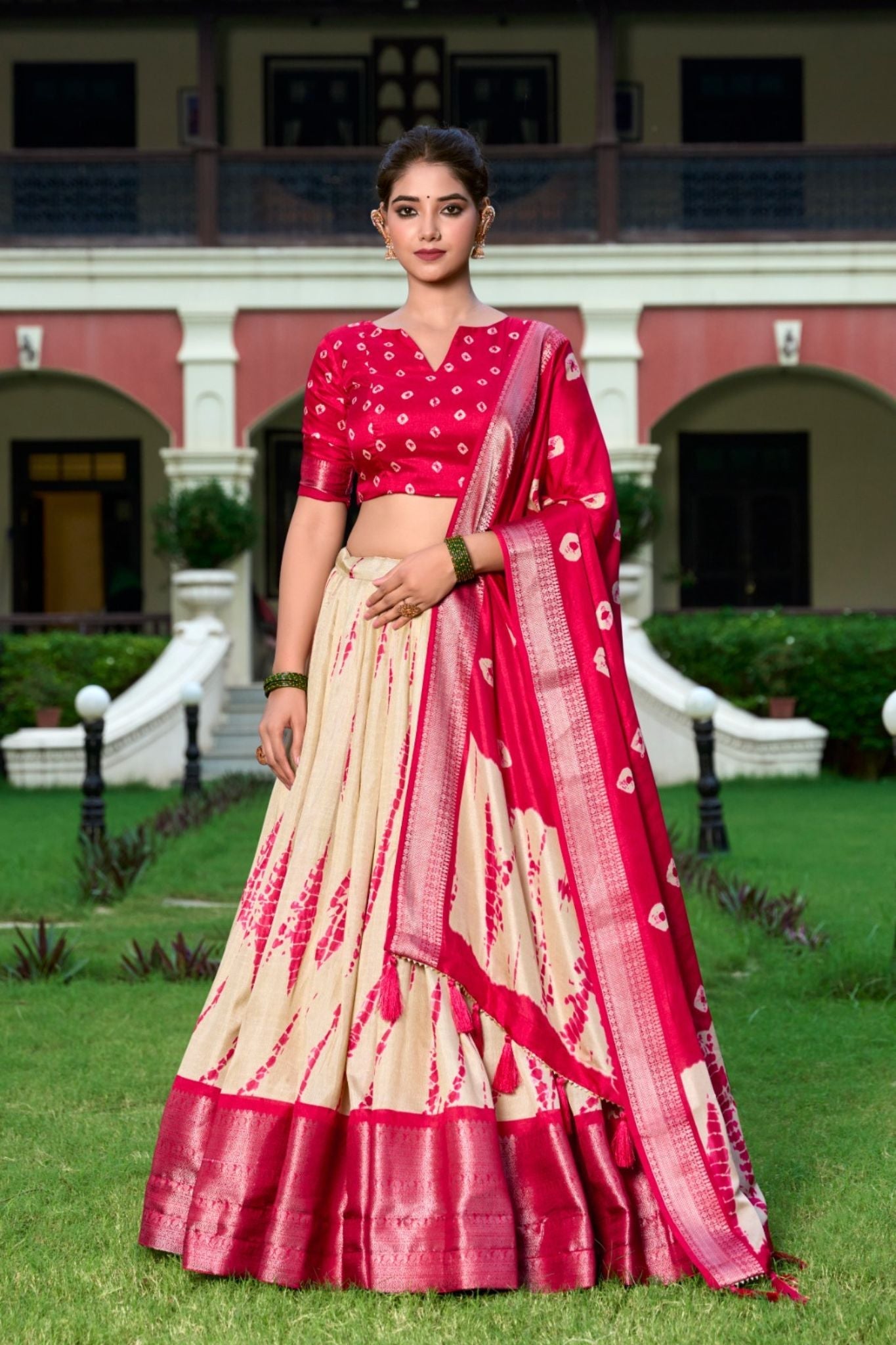 Shibori Bandhej Printed Dola Silk Lehenga Choli