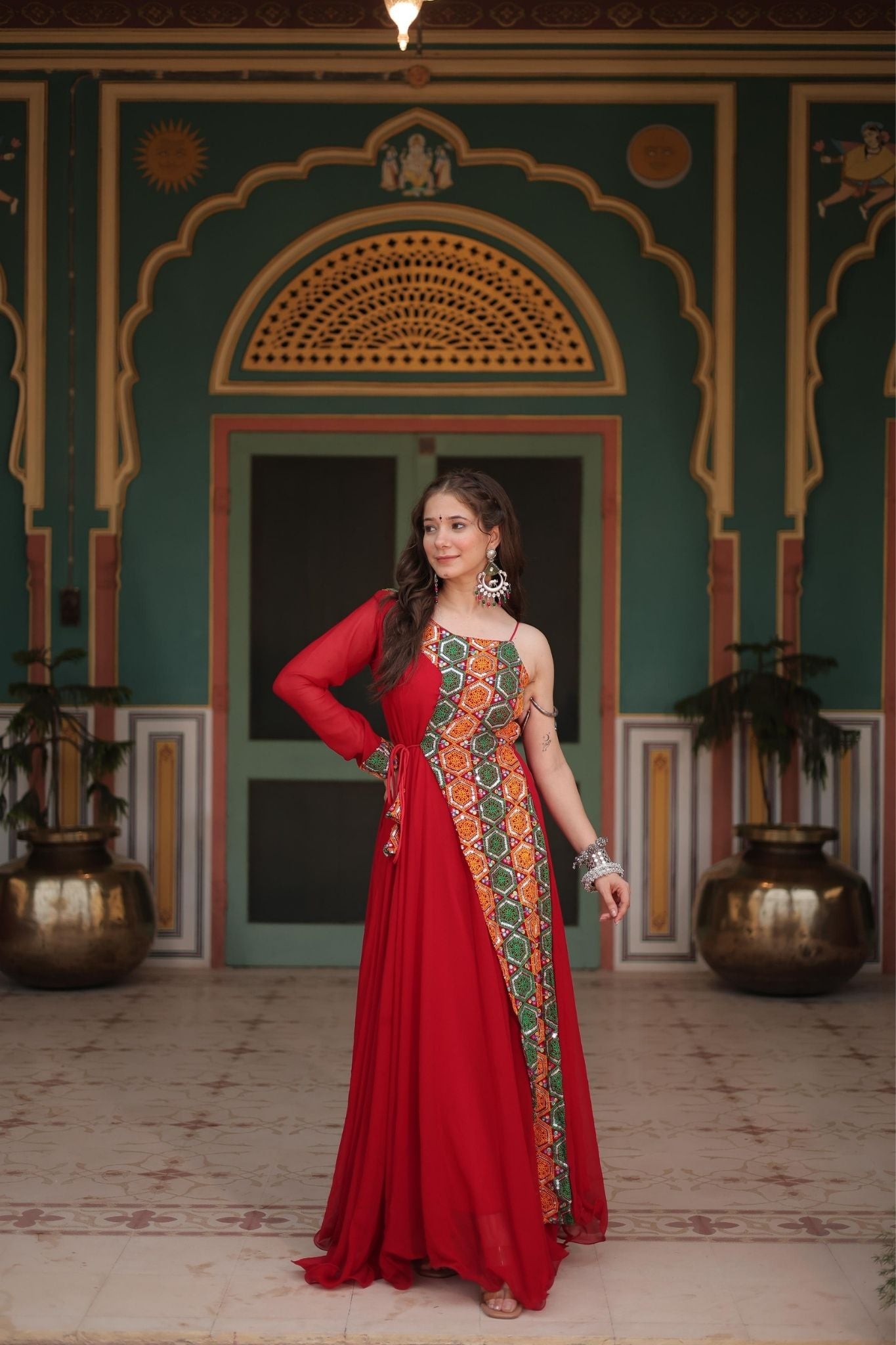 Vibrant Red Navratri Gown with Traditional Gujarati Embroidery