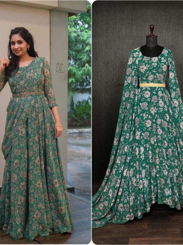 Green Flower Premium Readymade Designer Gown With Dupatta Set